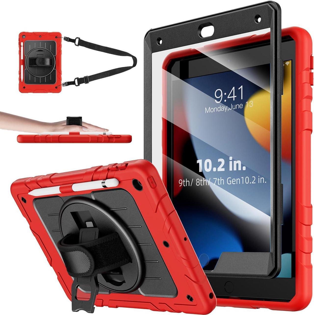 iPad 9th/8th/7th Generation Case-Built-in Screen Protector, Shockproof with 360° Rotating Hand Strap&Kickstand, Shoulder Strap, for iPad 10.2 inch Case 2021/2020/2019