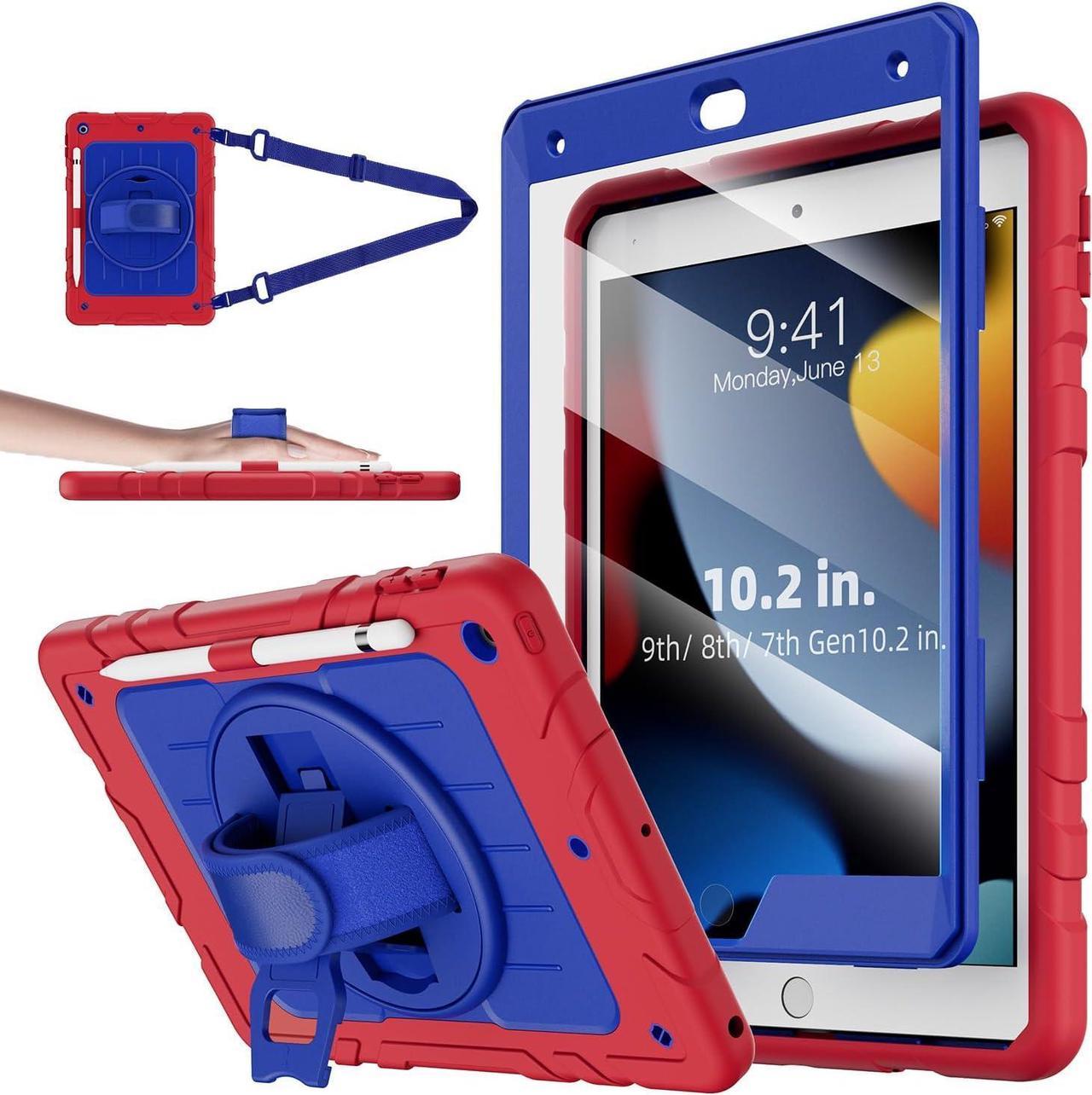 iPad 9th/8th/7th Generation Case-Built-in Screen Protector, Shockproof with Pencil Holder 360° Rotating Hand Strap&Kickstand, Shoulder Strap, for iPad 10.2 inch Case 2021/2020/2019(Red/Blue)