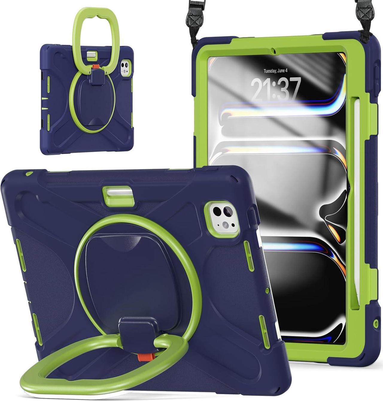 Case for iPad Pro 11 inch (M4) Case 2024 5th Generation, Shockproof Protective Case with Pencil Holder Screen Protector, 360° Rotate Stand Case with Shoulder Strap, Navyblue Lime