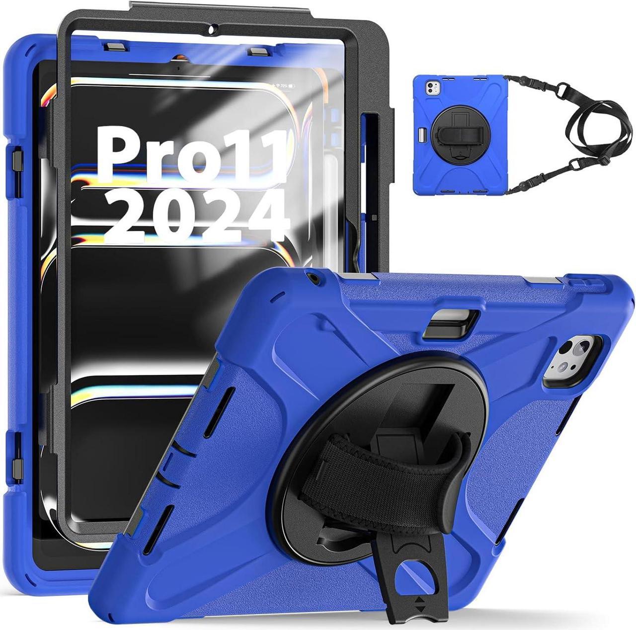 Case for iPad Pro 11 Inch 2024 (5th Gen) with Screen Protector, Heavy Duty Rugged Proective Case Cover with Shoulder Strap/Pencil Holder/Handle/Rotating Stand, Blue