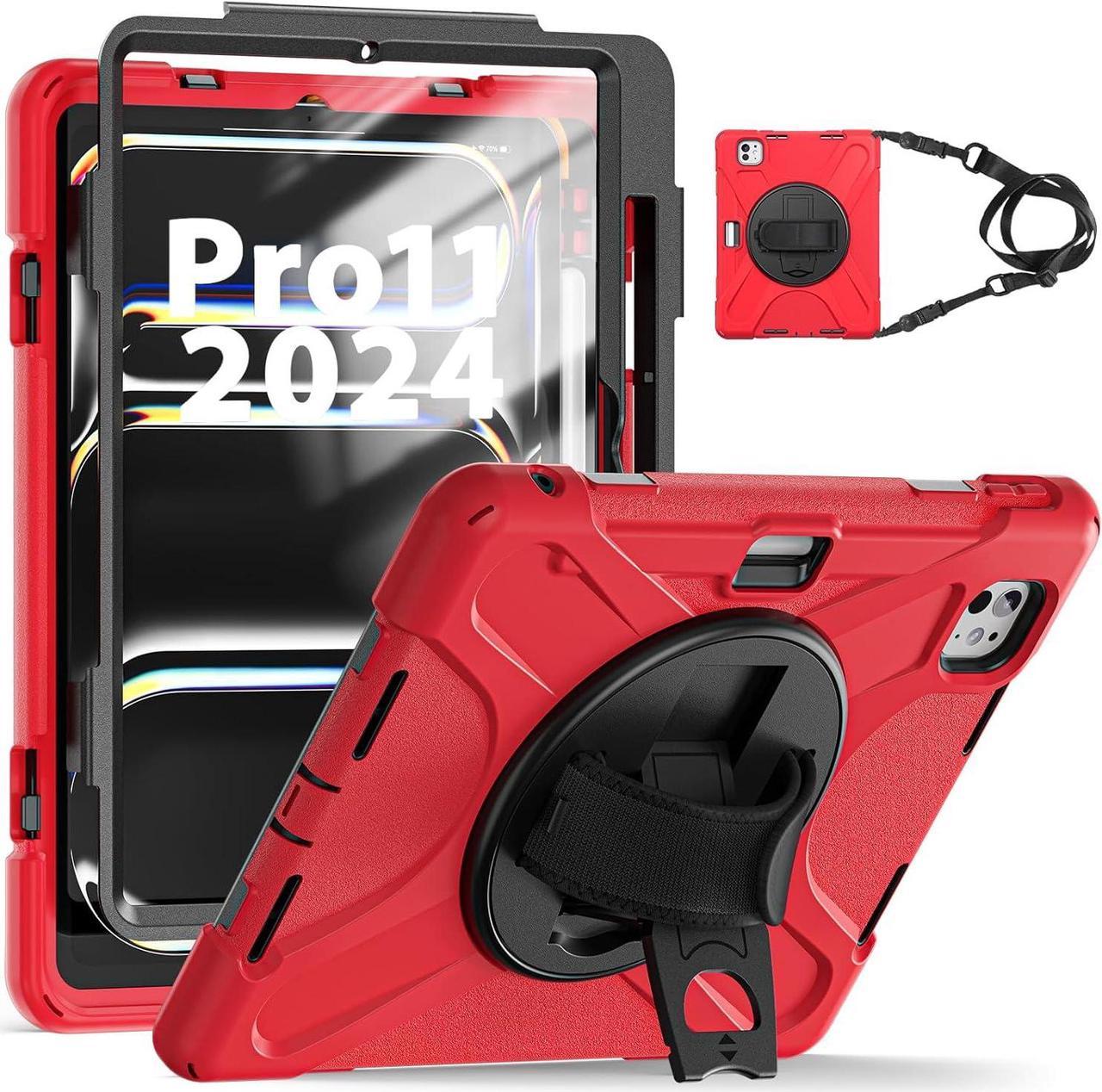 for iPad Pro 11 Inch Case M4 2024 5th Generation with Pencil Holder, [Built-in Screen Protector & Stand] Full-Body Rugged Cover for iPad Pro 11 Inch, Red