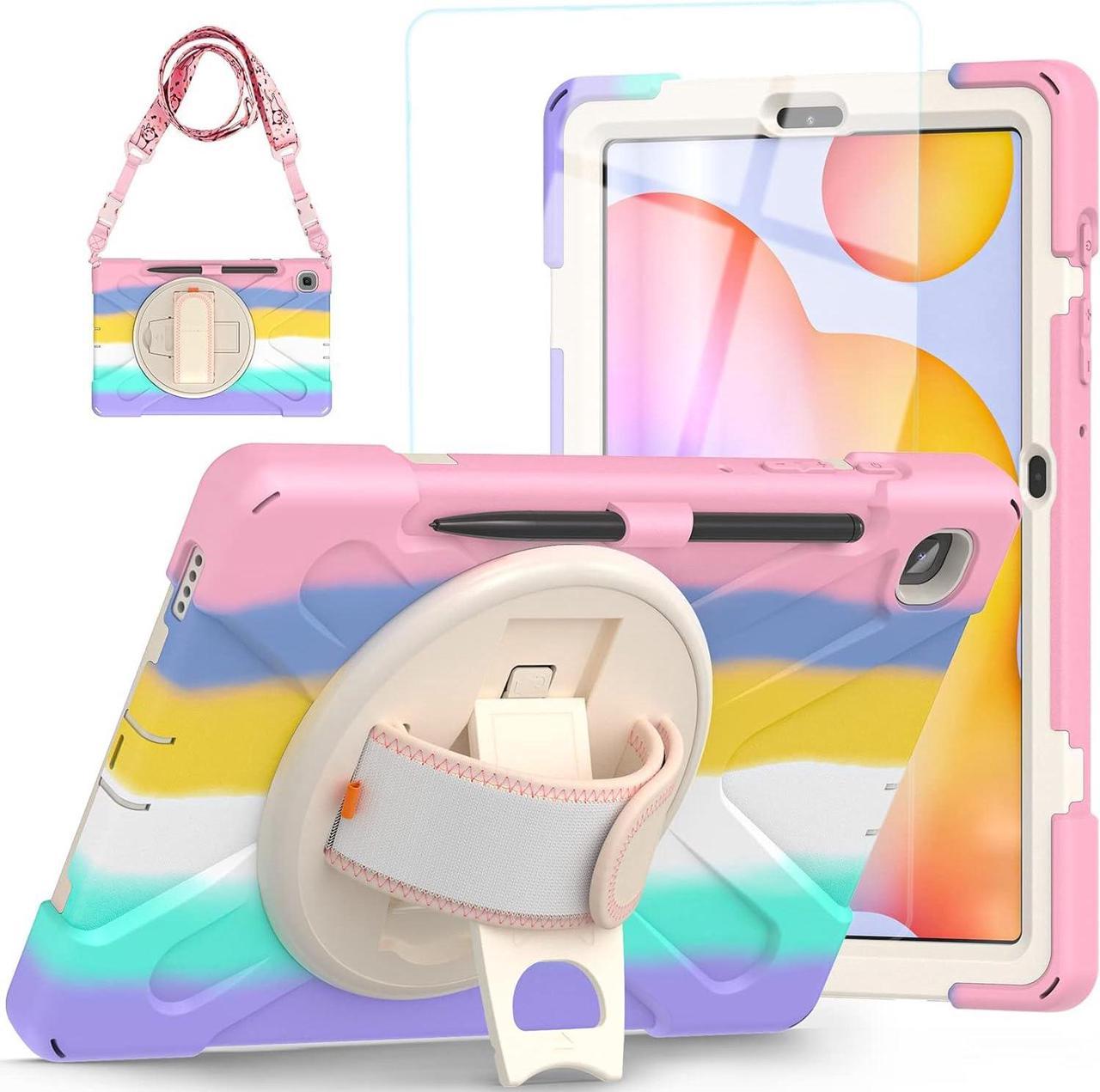 Galaxy Tab S6 Lite Case 10.4 Inch for Kids Girls 2024 2022 2020 SM-P620/P625/P610/P615/P613/P619, Shockproof Case with Screen Protector Pen Holder Swivel Stand Hand Strap | Rainbow Pink