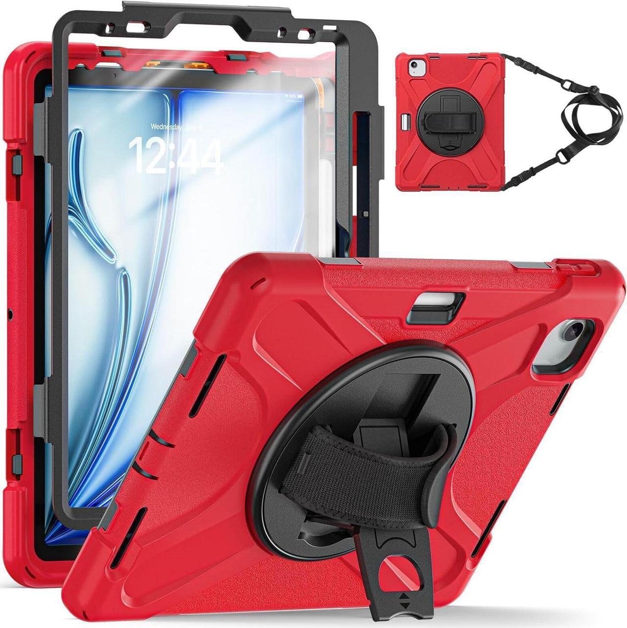 for iPad Air 11 Inch Case M2 2024 6th Generation w/Screen Protector, iPad Pro 11 Case 2022 Heavy Duty Rugged, 360° Rotate Stand Case with Hand/Shoulder Strap for iPad Air 5th/4th 10.9", Red