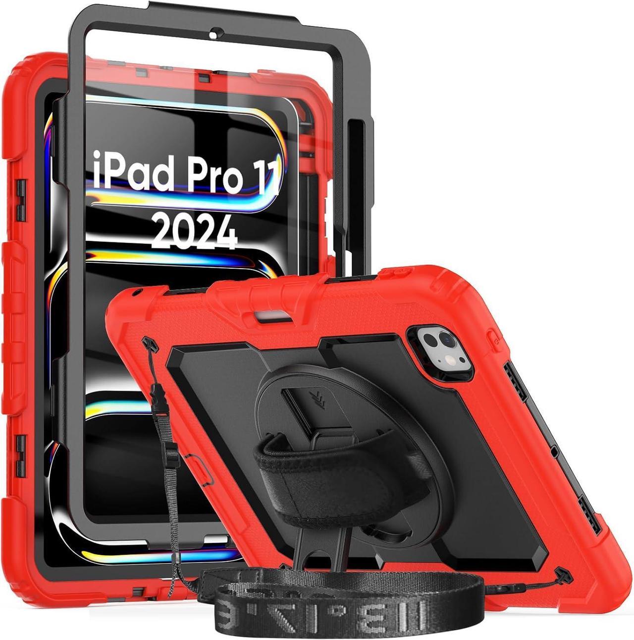 Main image of iPad Pro 11 Inch M4 Case 2024 for Kids with Screen Protector Pen Holder | Heavy Duty Shockproof Cover W/Stand Hand Strap Shoulder Strap for iPad Pro 11'' Model A2836/A2837/A3006 | Red