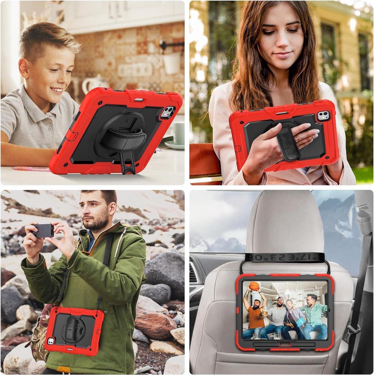 Alt view image 5 of 6 - iPad Pro 11 Inch M4 Case 2024 for Kids with Screen Protector Pen Holder | Heavy Duty Shockproof Cover W/Stand Hand Strap Shoulder Strap for iPad Pro 11'' Model A2836/A2837/A3006 | Red