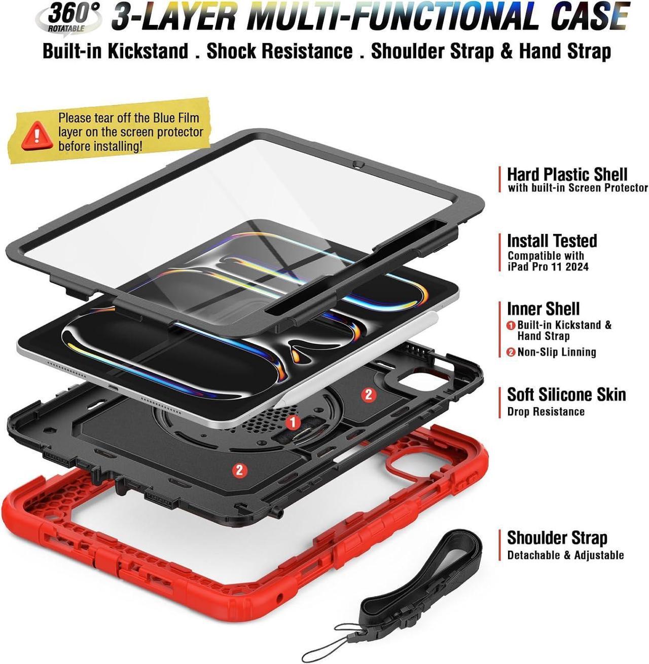 Alt view image 6 of 6 - iPad Pro 11 Inch M4 Case 2024 for Kids with Screen Protector Pen Holder | Heavy Duty Shockproof Cover W/Stand Hand Strap Shoulder Strap for iPad Pro 11'' Model A2836/A2837/A3006 | Red