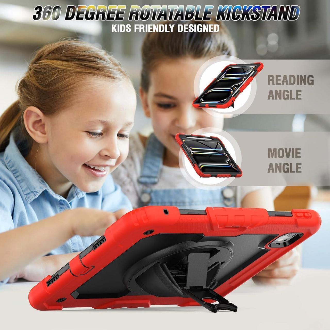 Alt view image 3 of 6 - iPad Pro 11 Inch M4 Case 2024 for Kids with Screen Protector Pen Holder | Heavy Duty Shockproof Cover W/Stand Hand Strap Shoulder Strap for iPad Pro 11'' Model A2836/A2837/A3006 | Red