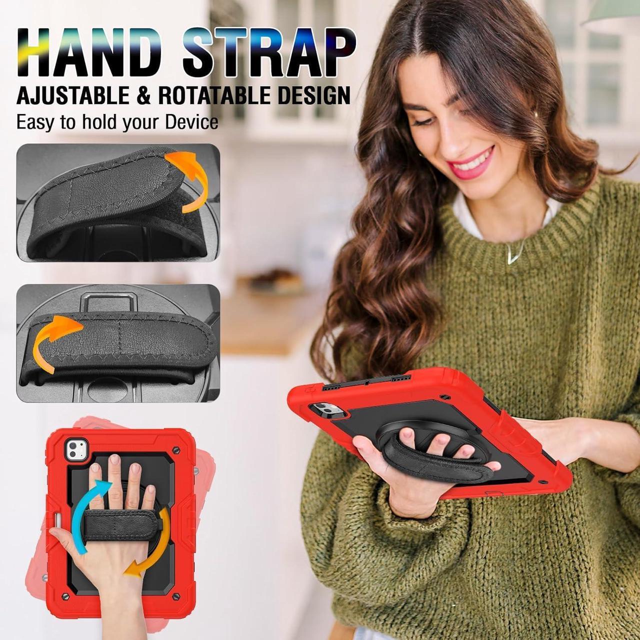 Alt view image 4 of 6 - iPad Pro 11 Inch M4 Case 2024 for Kids with Screen Protector Pen Holder | Heavy Duty Shockproof Cover W/Stand Hand Strap Shoulder Strap for iPad Pro 11'' Model A2836/A2837/A3006 | Red