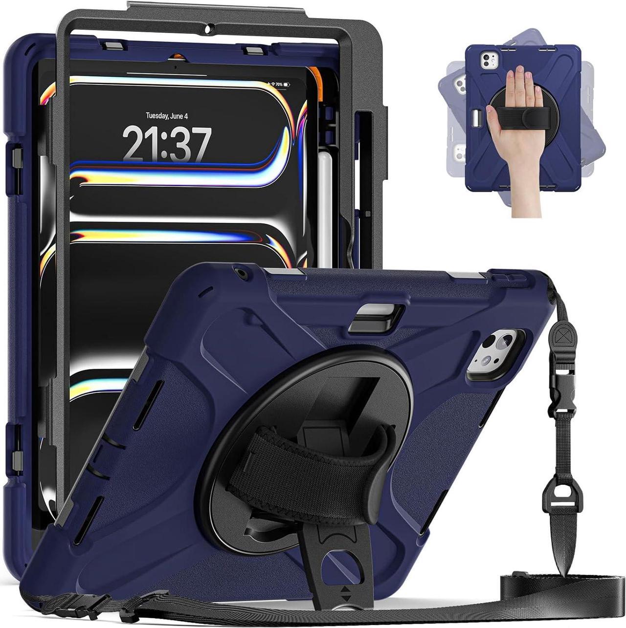 Case for iPad Pro 13-inch (2024) M4 Chip Model A2925/A2926 Heavy Duty Rugged Durability Silicone Tablet Cover with 360° Rotating Hand Strap Foldable Hidden Stand & Shoulder Strap, Navy Blue