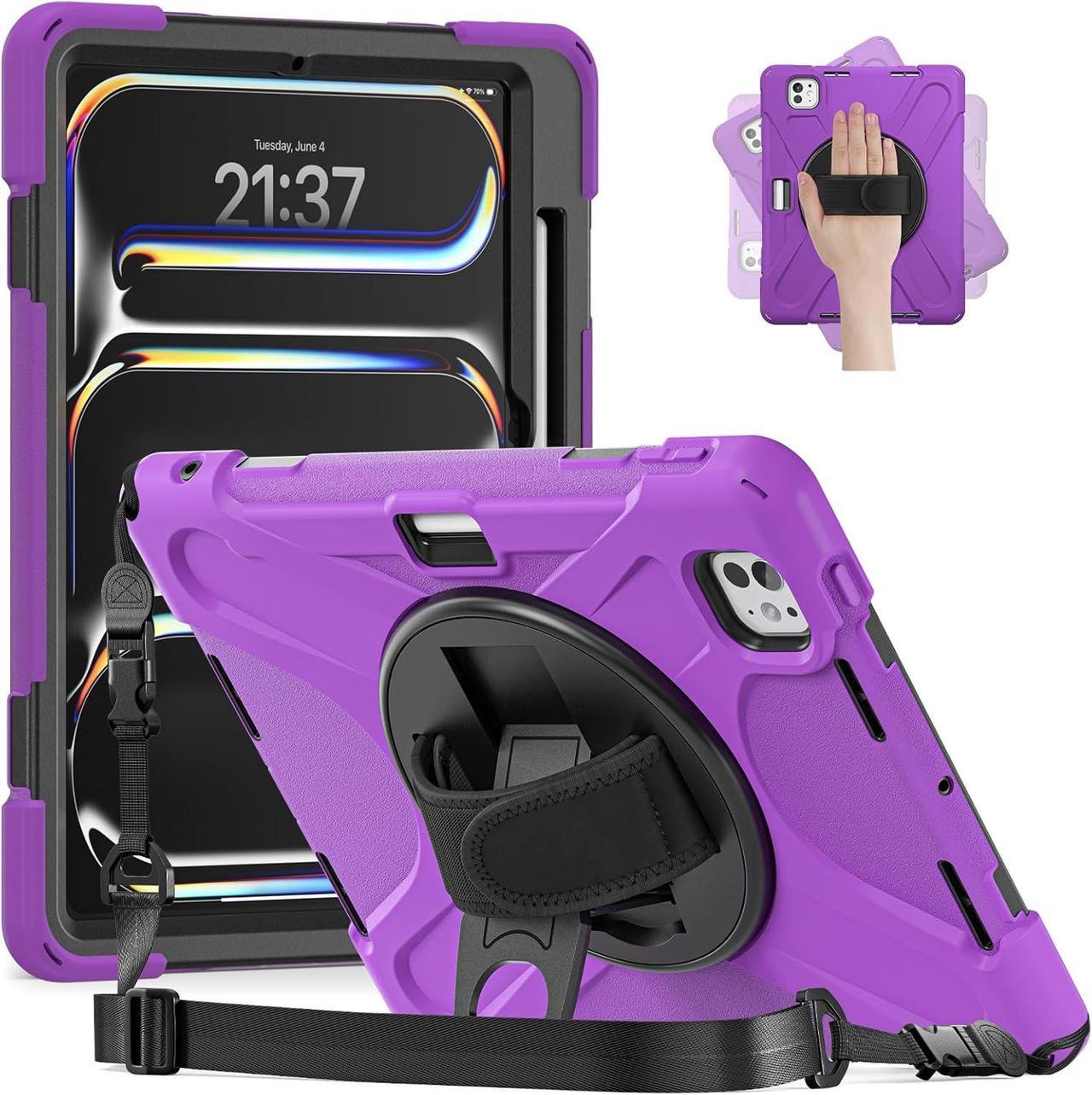 Case for iPad Pro 11-inch (2024) M4 Chip Model A2836/A2837 Heavy Duty Rugged Durability Silicone Tablet Cover with 360° Rotating Hand Strap Foldable Hidden Stand & Shoulder Strap, Purple