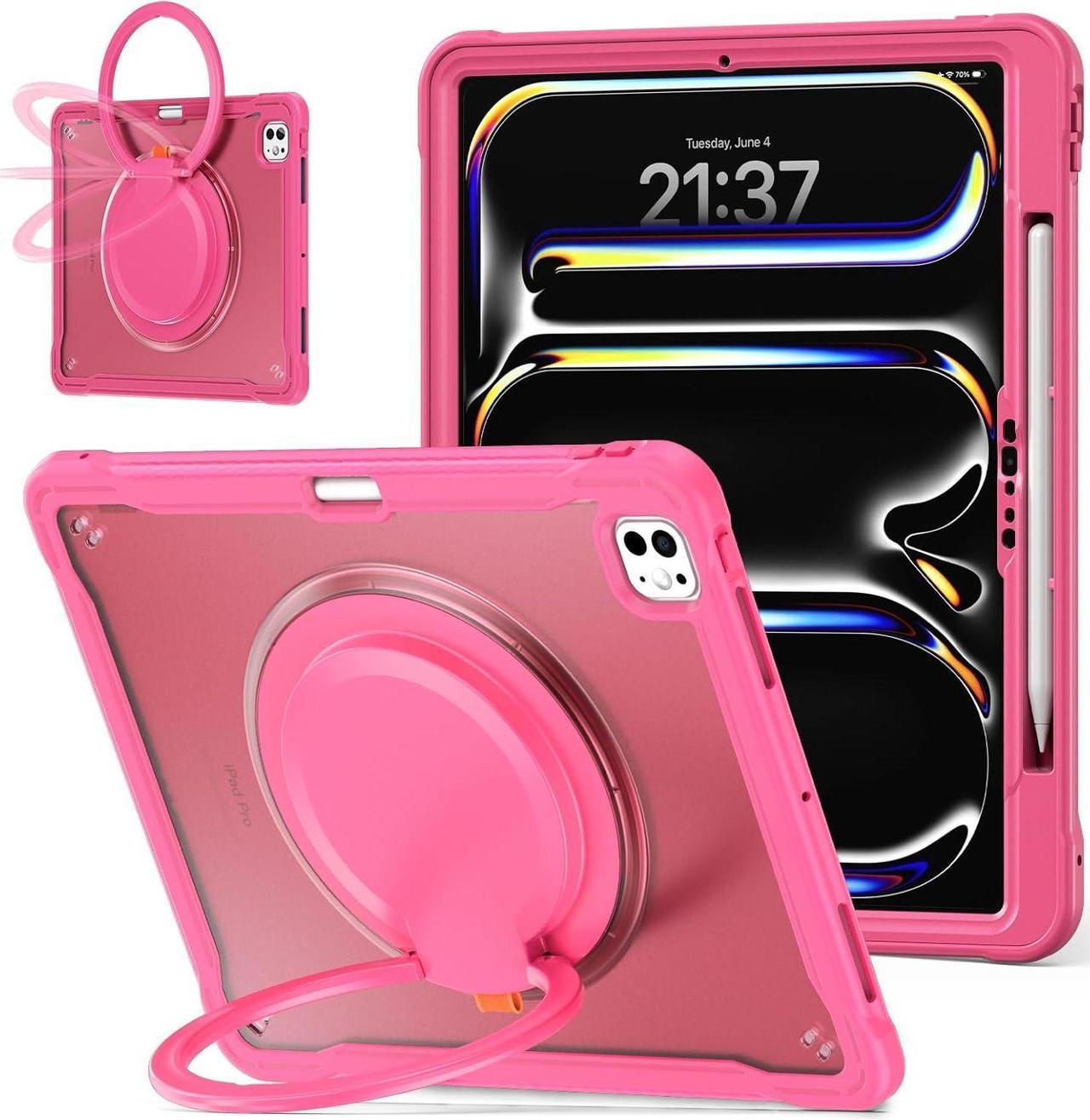 iPad Pro 11 inch Case 2024 M4 Chip Lightweight Dual-Layer Protective Tablet Cover, Durable Shock-Absorbing Corners with 360° Rotating Retractable Kickstand Ring Built-in Pen Slot, Pink