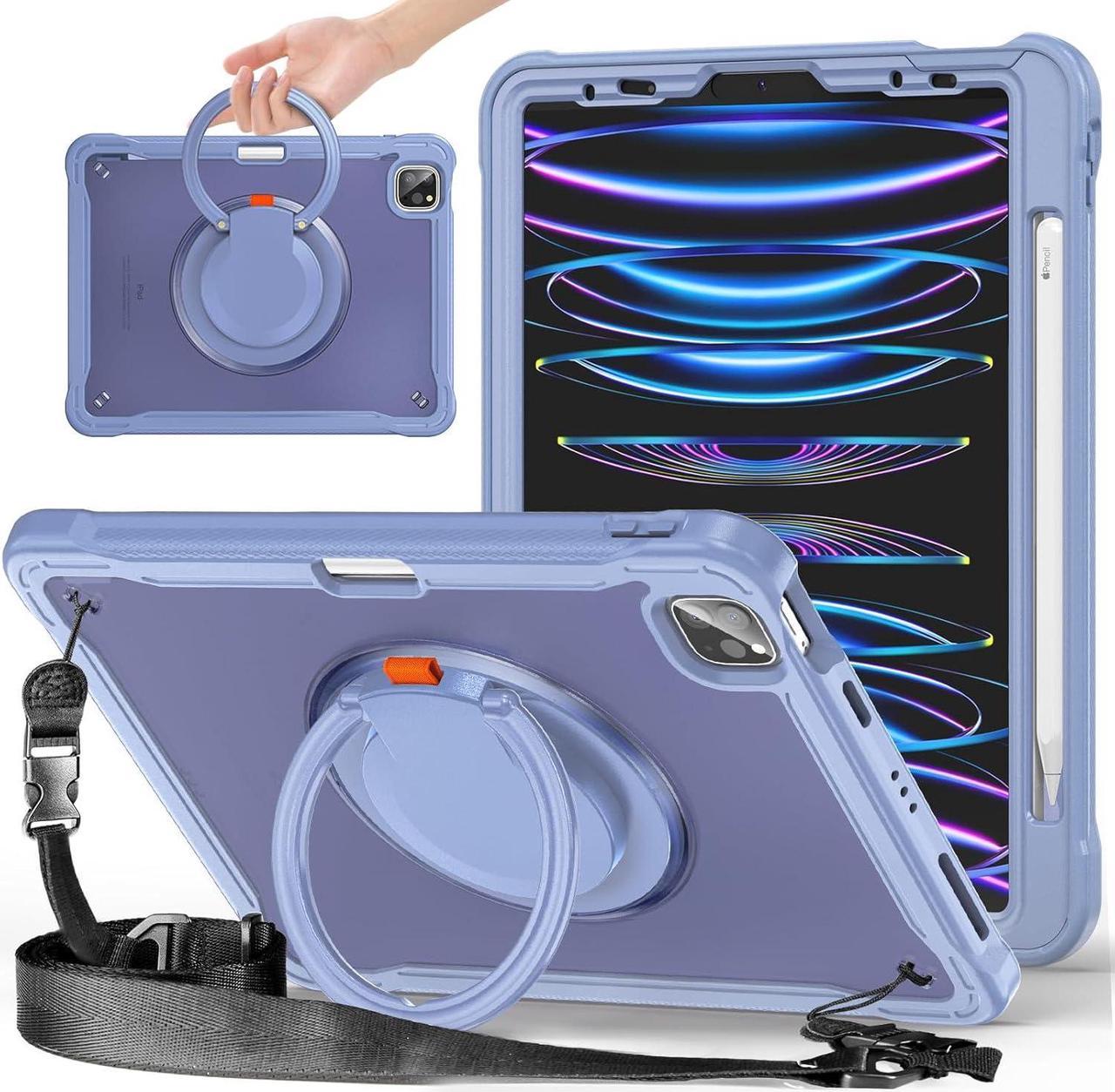 Ultimate Case for iPad Pro 12.9-inch 2022 6th M2 /2021 (5rd Generation) / iPad Pro 12.9" 4th/3rd Gen Rugged Shockproof Tablet Cover with 360° Rotatable Kickstand & Shoulder Strap, Lavender