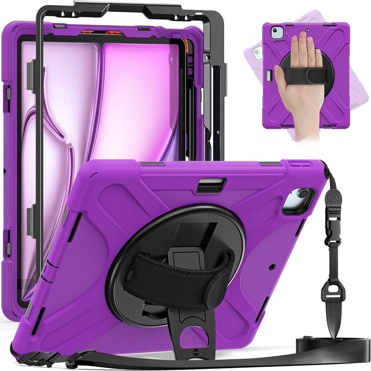 Case for iPad Air 13 inch (2024) M2 Chip Model A2898/A2899 Heavy Duty Rugged Durability Silicone Tablet Cover with 360° Rotating Hand Strap Foldable Hidden Stand & Shoulder Strap, Purple