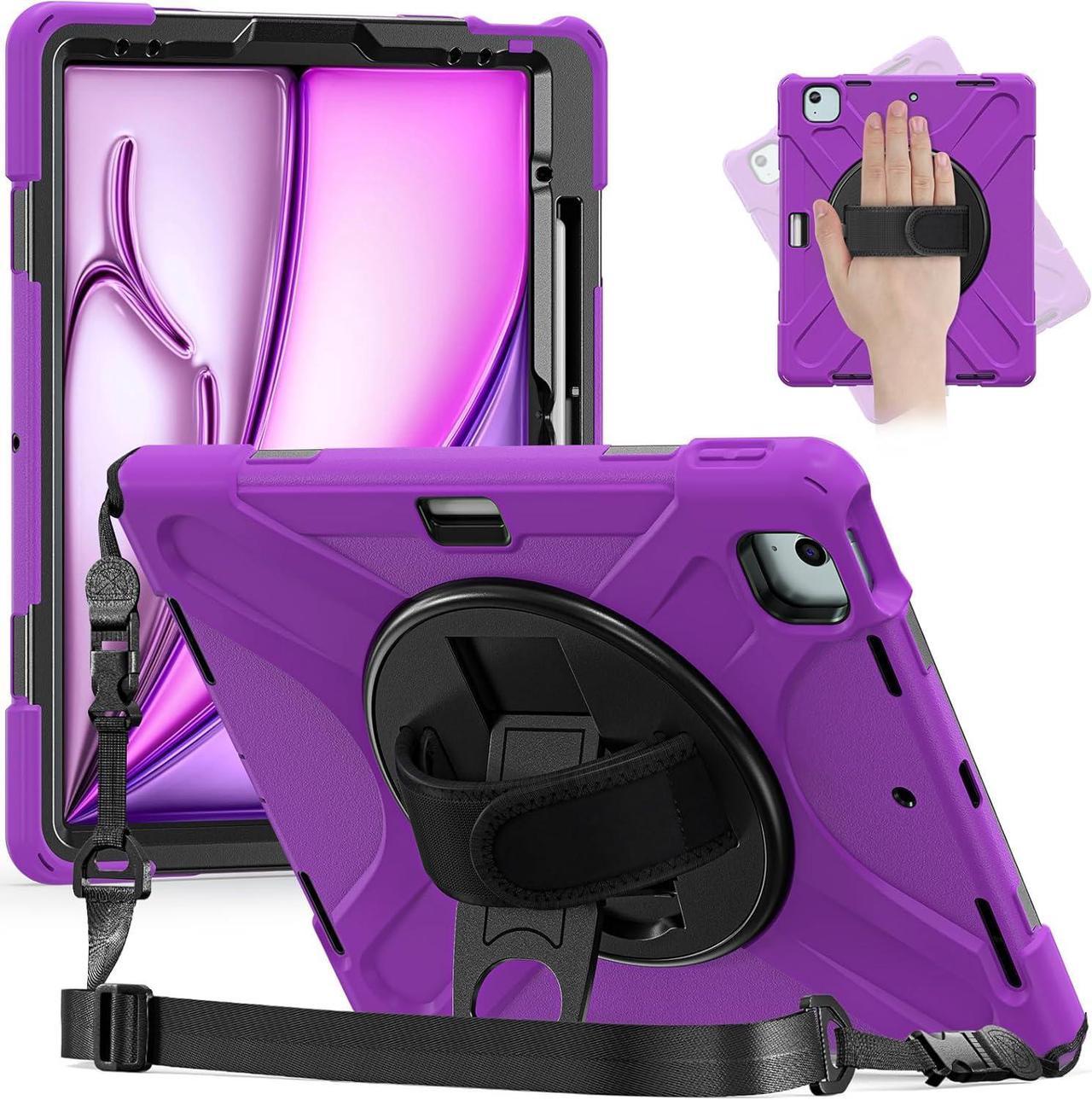 Case for iPad Air 11 inch (2024) M2 Chip Model A2902/A2903 Heavy Duty Rugged Durability Silicone Tablet Cover with 360° Rotating Hand Strap Foldable Hidden Stand & Shoulder Strap, Purple