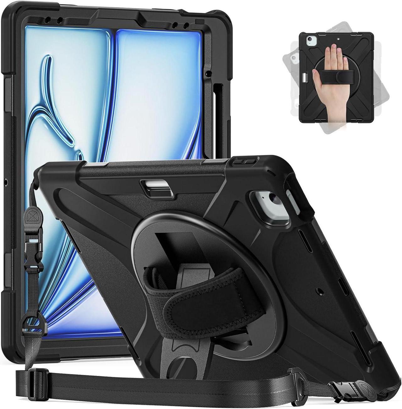 Case for iPad Air 11-inch (2024) M2 Chip Model A2902 Heavy Duty Rugged Durability Silicone Tablet Cover with 360° Rotating Hand Strap Foldable Hidden Stand & Shoulder Strap, Black