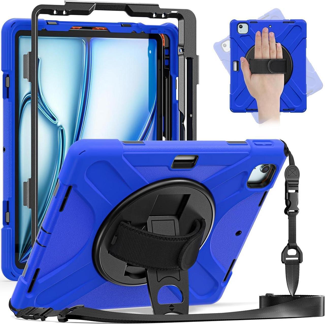 Case for iPad Air 13 inch (2024) M2 Chip Model A2898/A2899 Heavy Duty Rugged Durability Silicone Tablet Cover with 360° Rotating Hand Strap Foldable Hidden Stand & Shoulder Strap, Blue