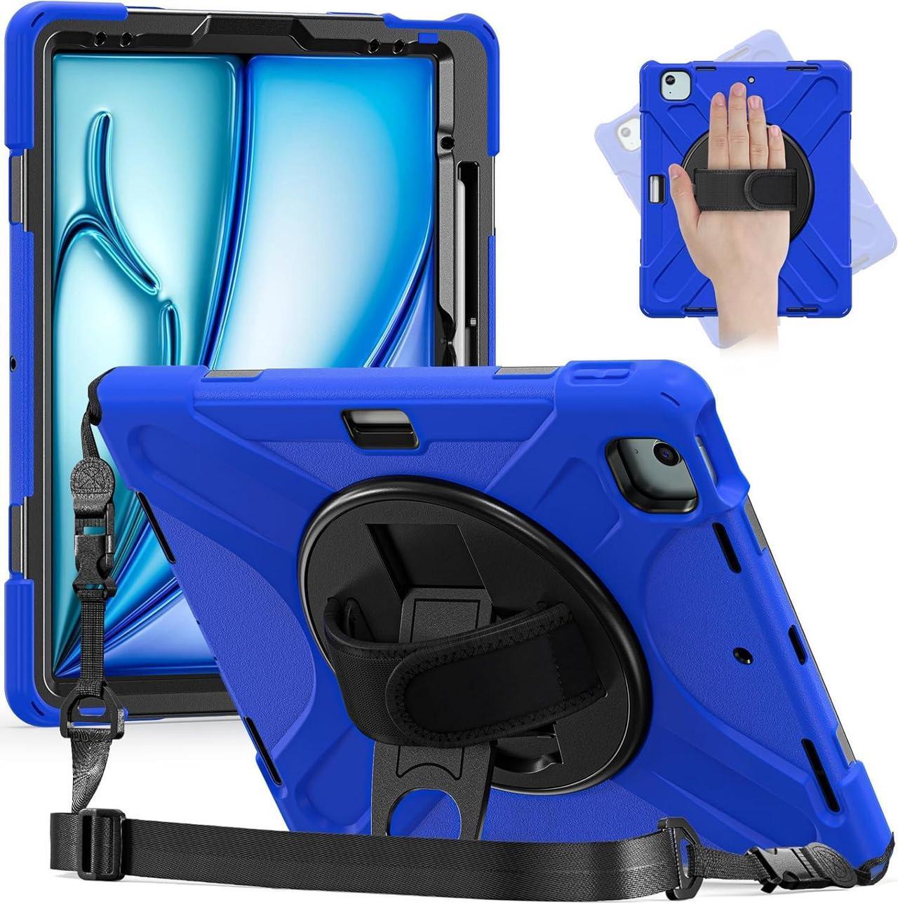 Case for iPad Air 11 inch (2024) M2 Chip Model A2902/A2903 Heavy Duty Rugged Durability Silicone Tablet Cover with 360° Rotating Hand Strap Foldable Hidden Stand & Shoulder Strap, Blue