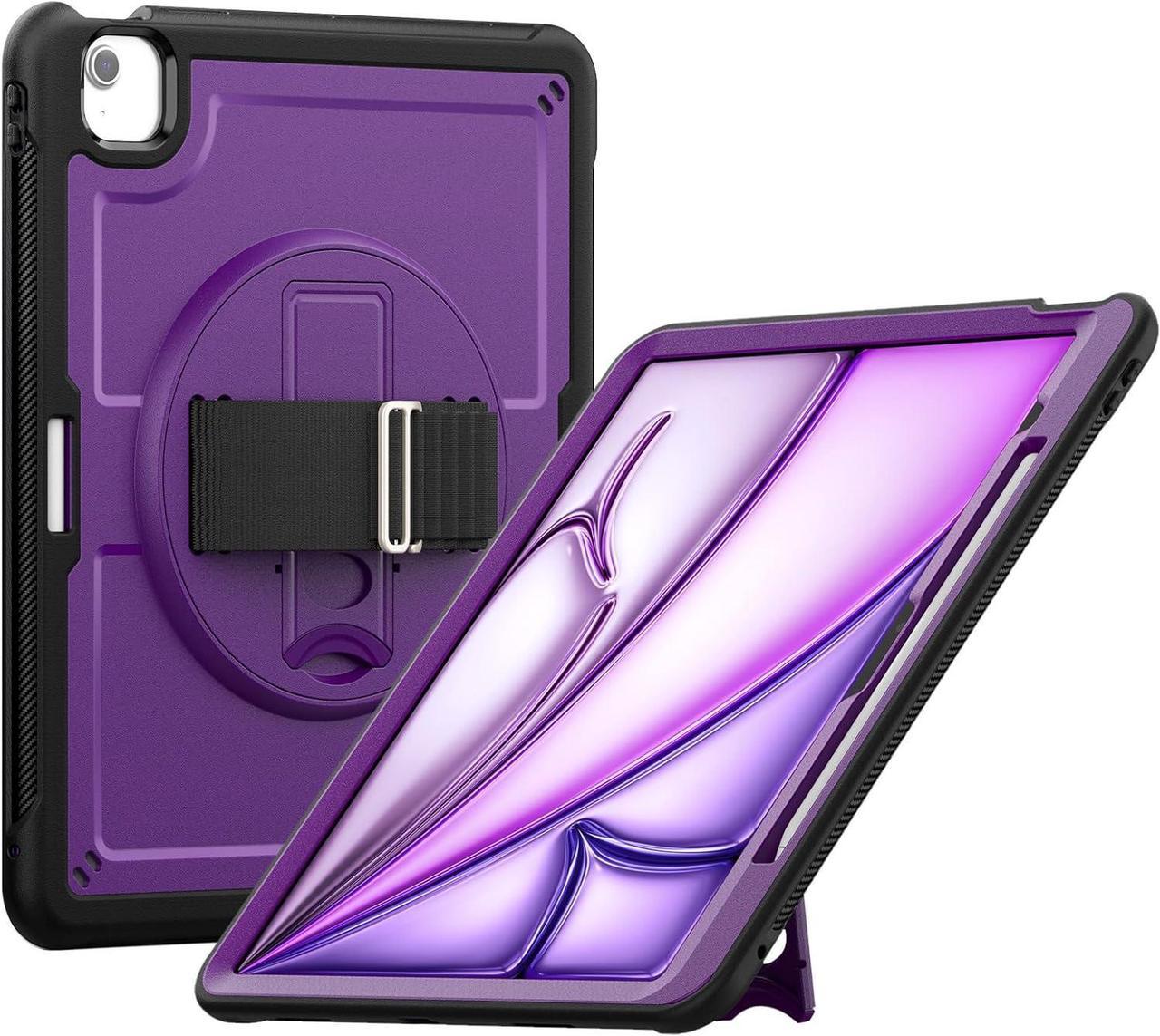 Case for iPad Air (2024) 13-inch M2 Chip Multilayered Rugged Durable Shockproof Tablet Cover with 360° Rotating Hand Strap Foldable Hidden Stand, Purple