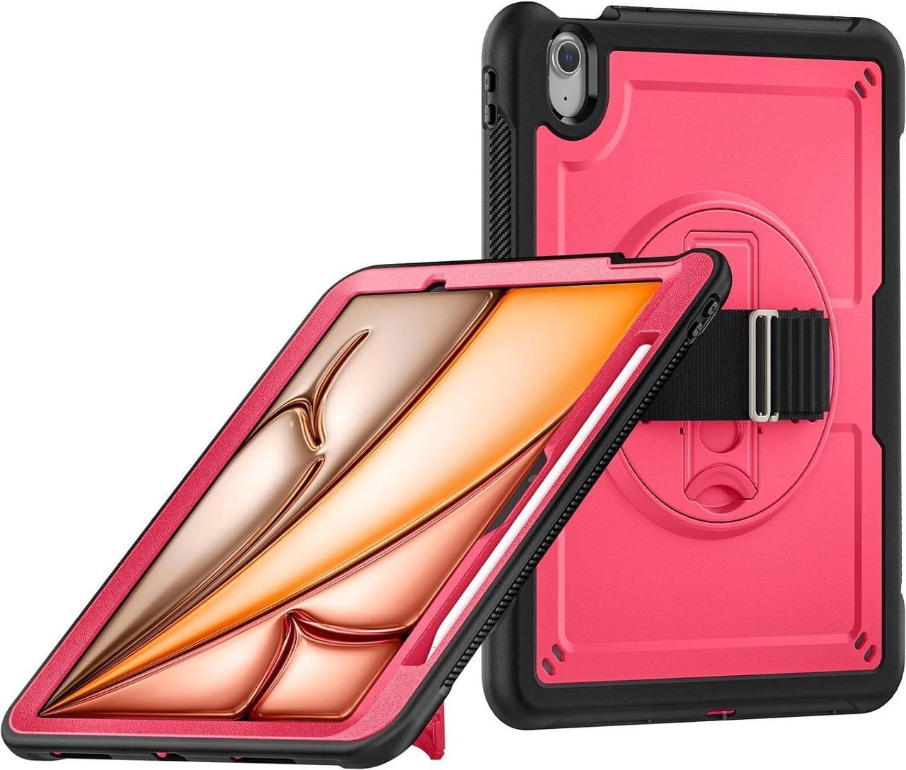 Case for iPad Air (2024) 11-inch M2 Chip Multilayered Rugged Durable Shockproof Tablet Cover with 360° Rotating Hand Strap Foldable Hidden Stand, Pink