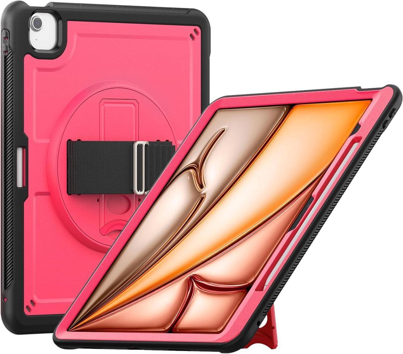 Case for iPad Air (2024) 13-inch M2 Chip Multilayered Rugged Durable Shockproof Tablet Cover with 360° Rotating Hand Strap Foldable Hidden Stand, Pink