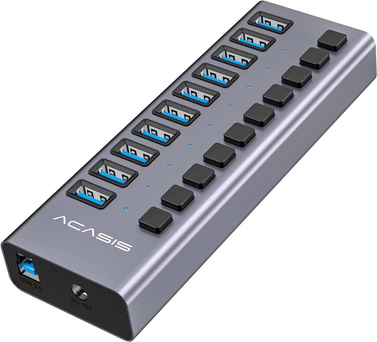 ACASIS Powered USB Hub 10 Ports USB 3.0 Data Hub with Individual On/Off Switches and 12V/7.5A 90W Power Adapter USB Hub 3.0 Splitter for Laptop, PC, Computer, Mobile HDD, Flash Drive and More