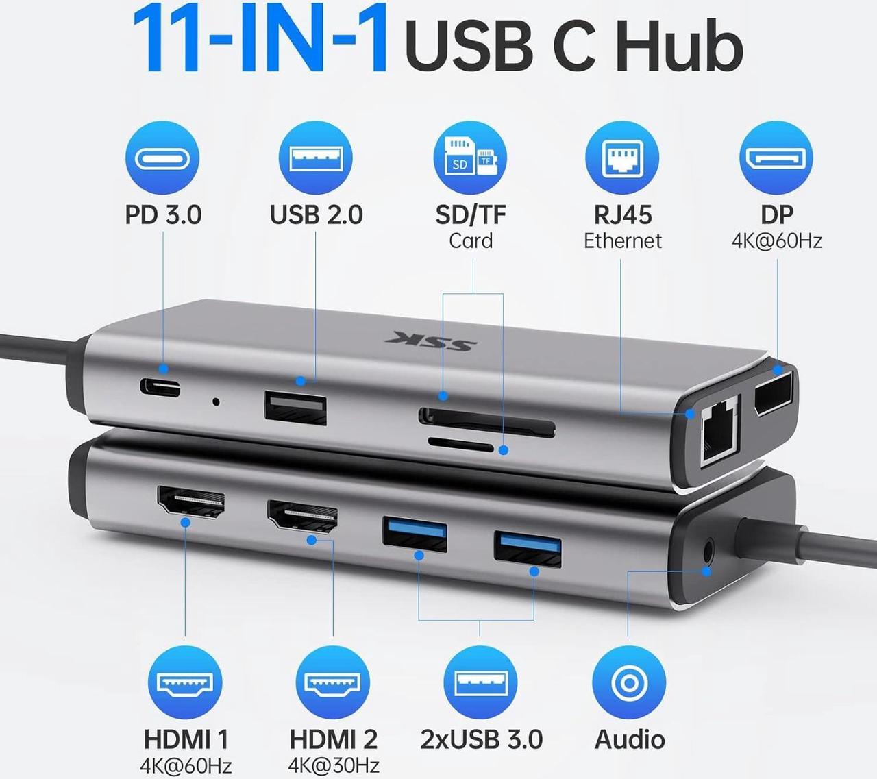 SSK USB C Docking Station Dual Monitor, 11 in 1 Triple Display Docking Station Multiport Adapter of 2 HDMI, Displayport, Ethernet, PD3.0, SD TF Card Reader, 3USBs for MacBook/Dell/HP/Lenovo Laptops