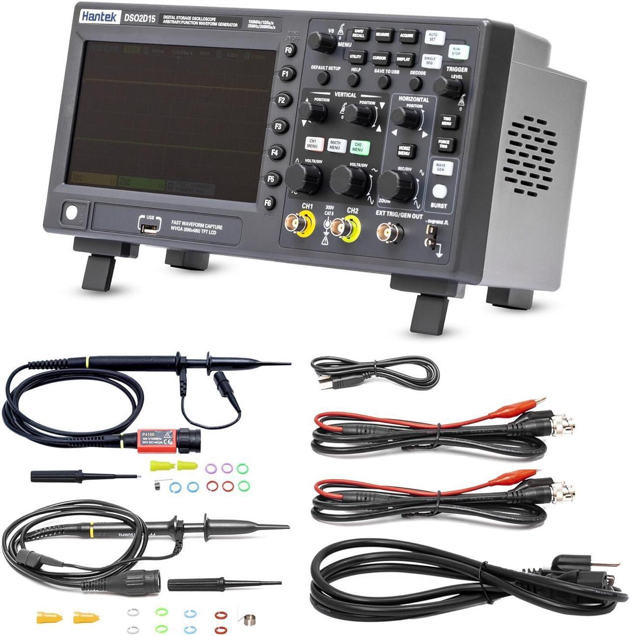 Hantek DSO2D15 Digital Storage Lab Oscilloscopes150MHz Bandwidth 2CH Dual Channel 1GSa/s 8M Memory Depth with 1CH Waveform Generator with High Voltage Probe