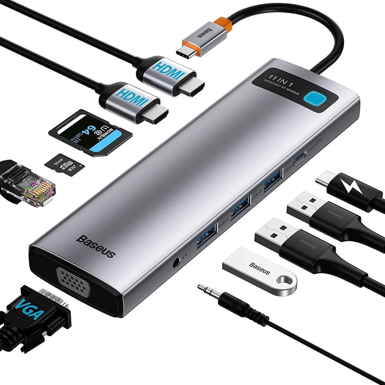 Baseus Docking Station, 16-in-1 USB C Hub to Display on 4 Monitors, 2 HMDI, 2 DP, 2 USB-C Ports, 3 USB3.0 Ports, 1000Mbps LAN Port, MicroSD/TF Card Reader, Compatible with Windows and MacOS Laptops