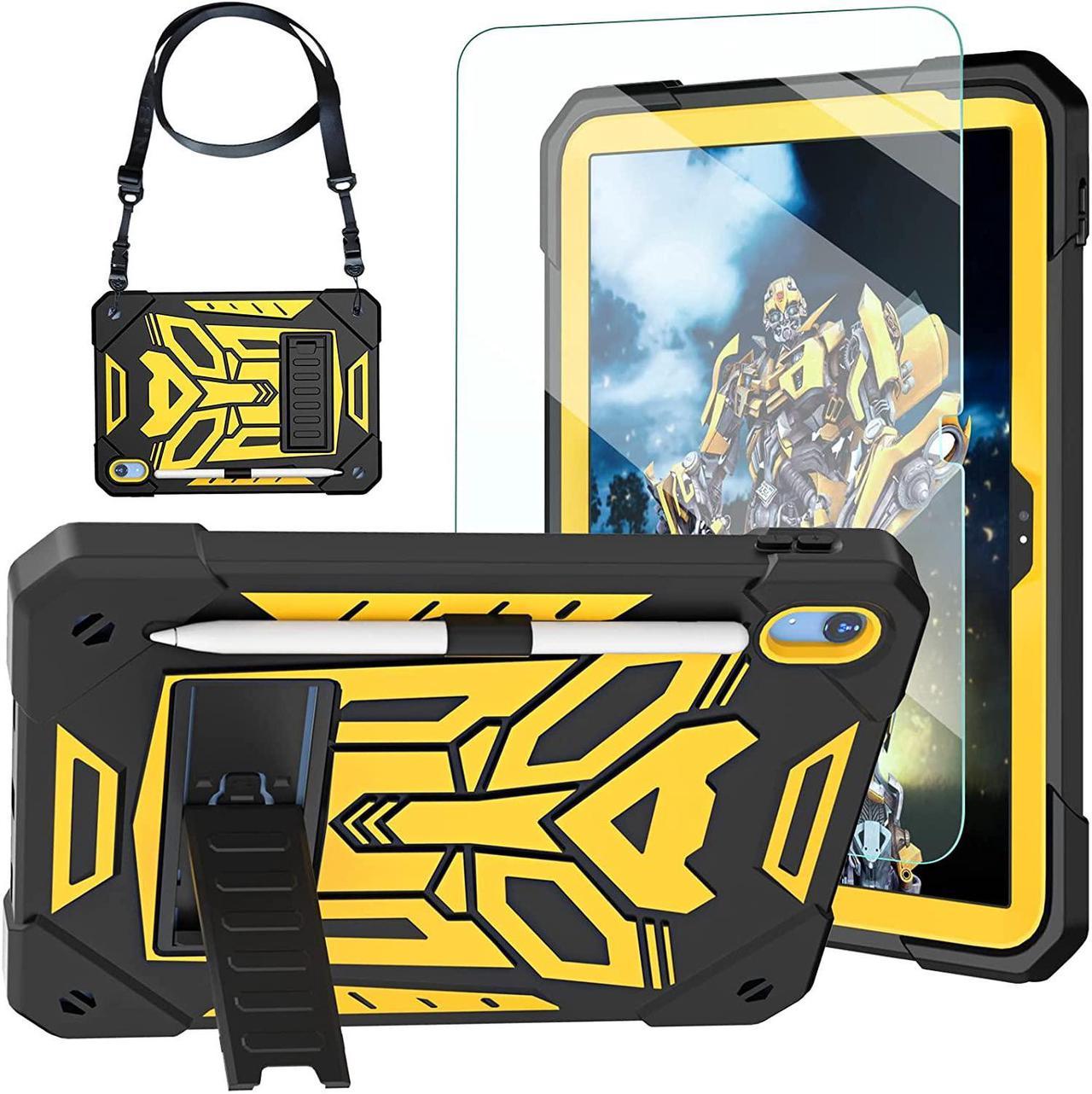 Kids Case for iPad 10th Generation, with Tempered Glass Screen Protector&Shoulder Strap|Hybrid Shockproof Rugged Drop Cover for iPad 10.9 Inch 2022 Release for Kids Boys Children-Yellow