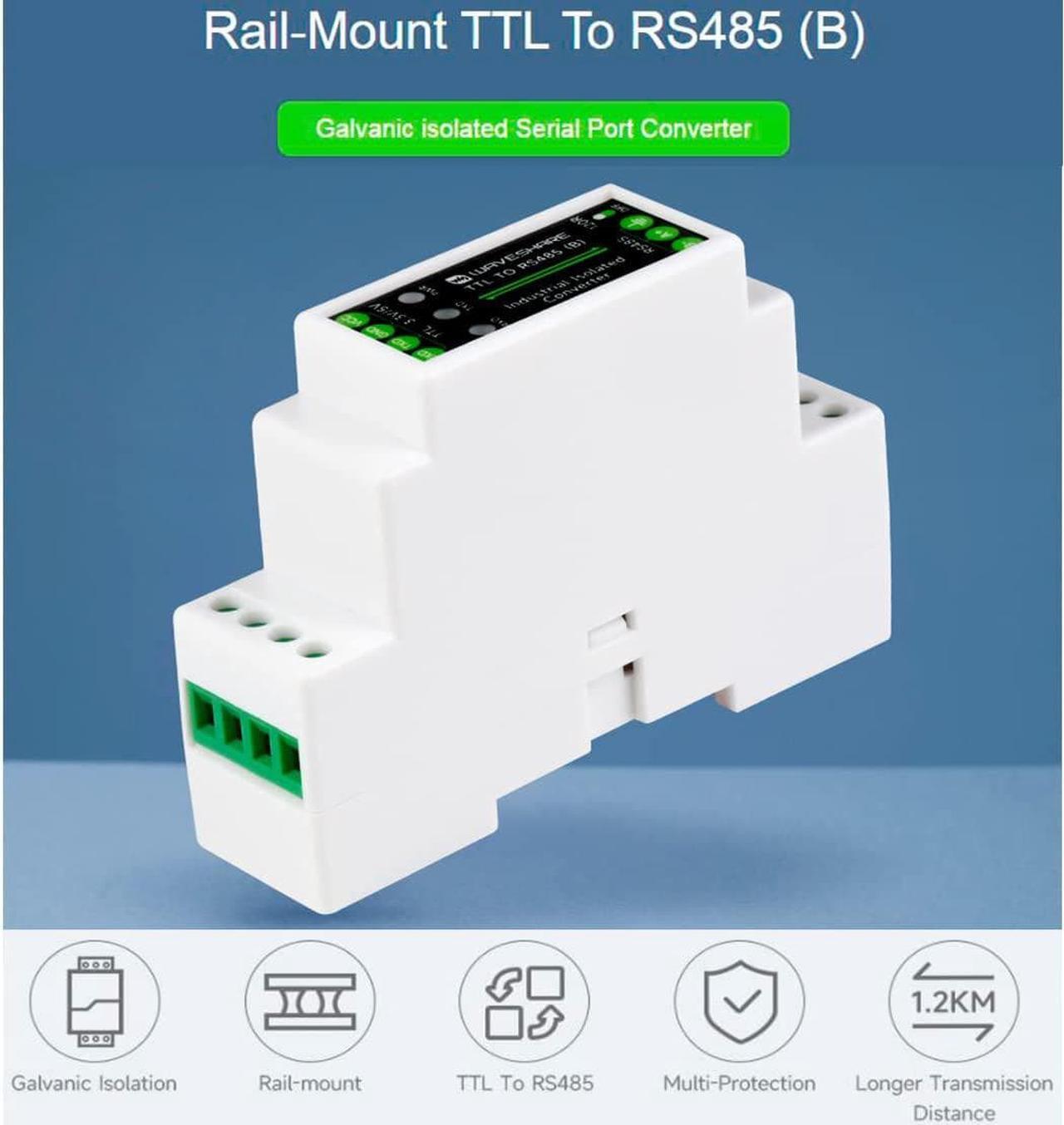 Main image of waveshare Galvanic Isolated Rail-Mount TTL to RS485 Converter Adapter, 600W Lightningproof & Anti-Surge, Multi-Isolation Protection 1.2km Transmission Distance