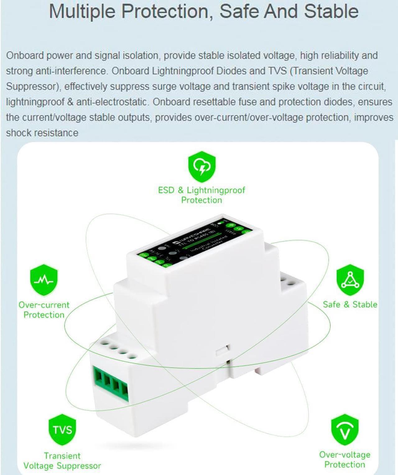 Alt view image 3 of 5 - waveshare Galvanic Isolated Rail-Mount TTL to RS485 Converter Adapter, 600W Lightningproof & Anti-Surge, Multi-Isolation Protection 1.2km Transmission Distance