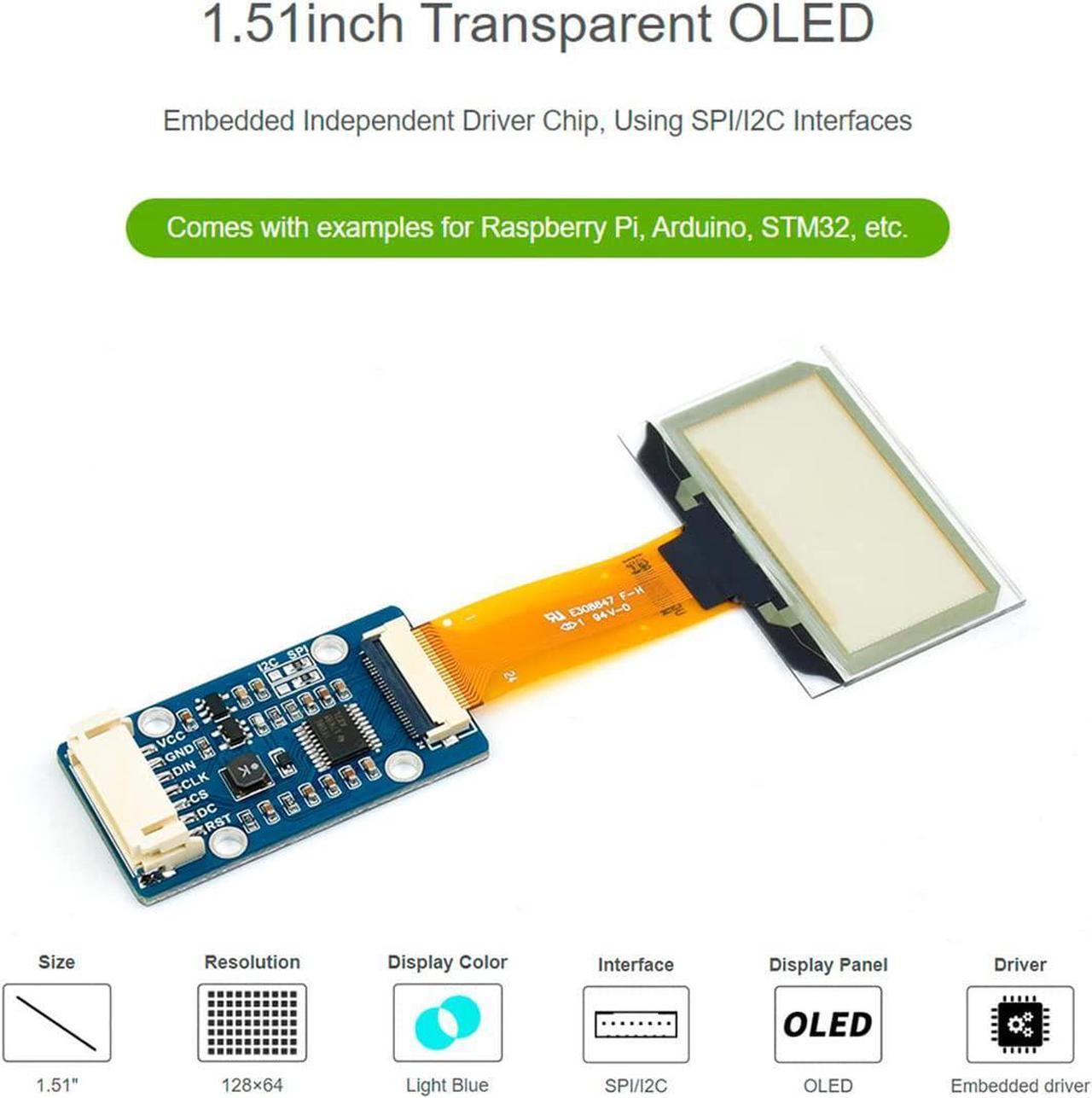 Alt view image 2 of 6 - 1.51inch Transparent OLED with Expansion Board,for Raspberry Pi/Arduino/STM32,128x64 Resolution Light Blue Color Display,Full Viewing Angle, SPI/I2C Interfaces, Embedded Independent Driver Chip