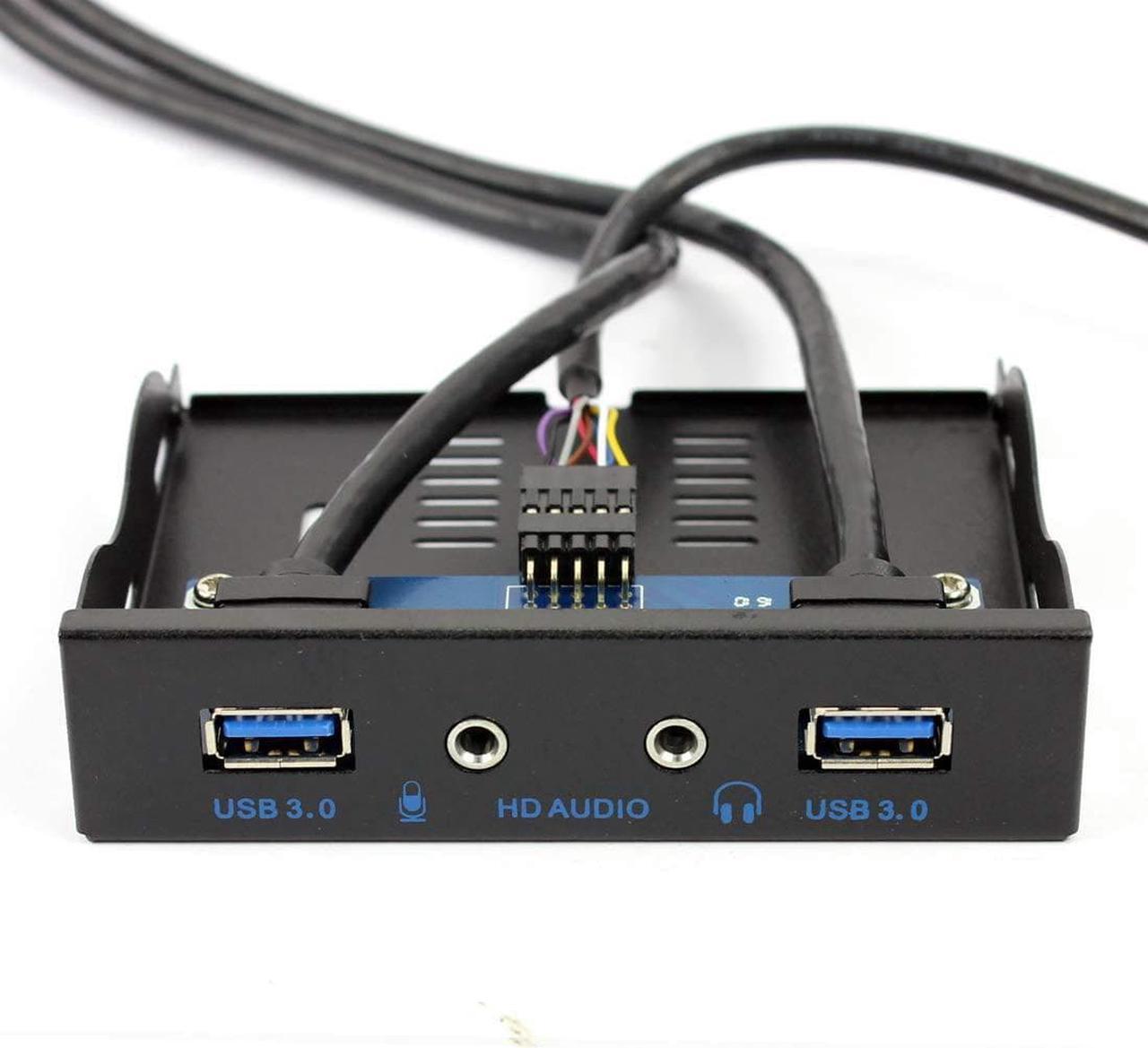 2Ports USB3.0 PC Front Panel Bracket 3.5 Floppy Bay 19Pin to USB 3.0 Hub HD Audio Earphone Mic Connector with Cable for Desktop (Black)