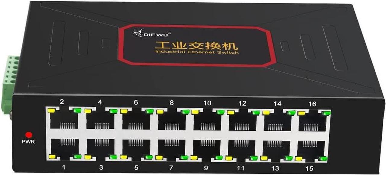 diewu 16 Ports Industrial-Grad Ethernet Switches DC12~58V 10/100Mbps DIN Rail Type RJ45 Network Switch Support