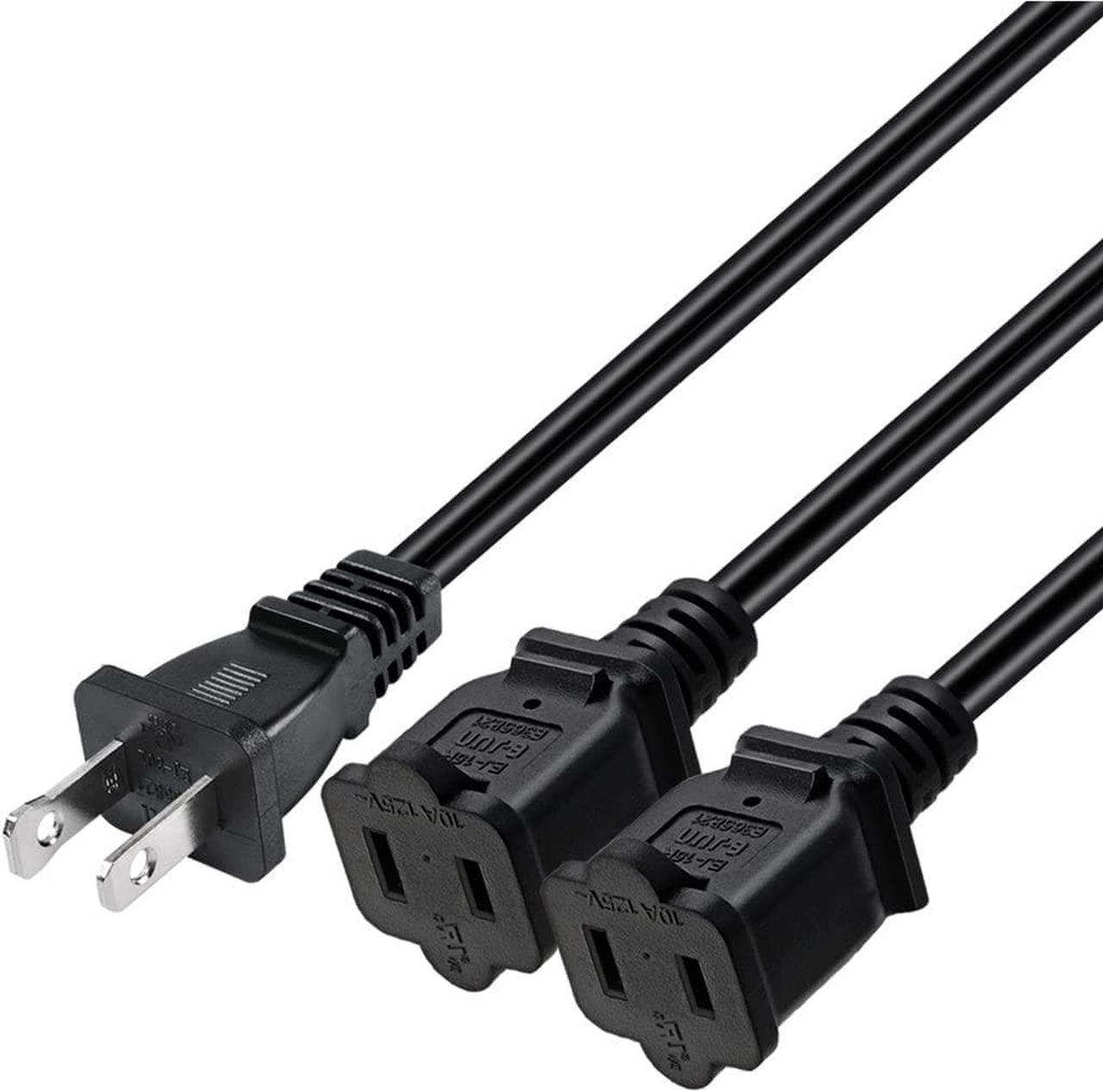 2ft(0.64m) 1-15P to Dual 1-15R Power Extension Cord Splitter US AC 2-Prong Polarized Power Cable 1 to 3 Outlet Adapter ETL Listed (180 Degree Angle)