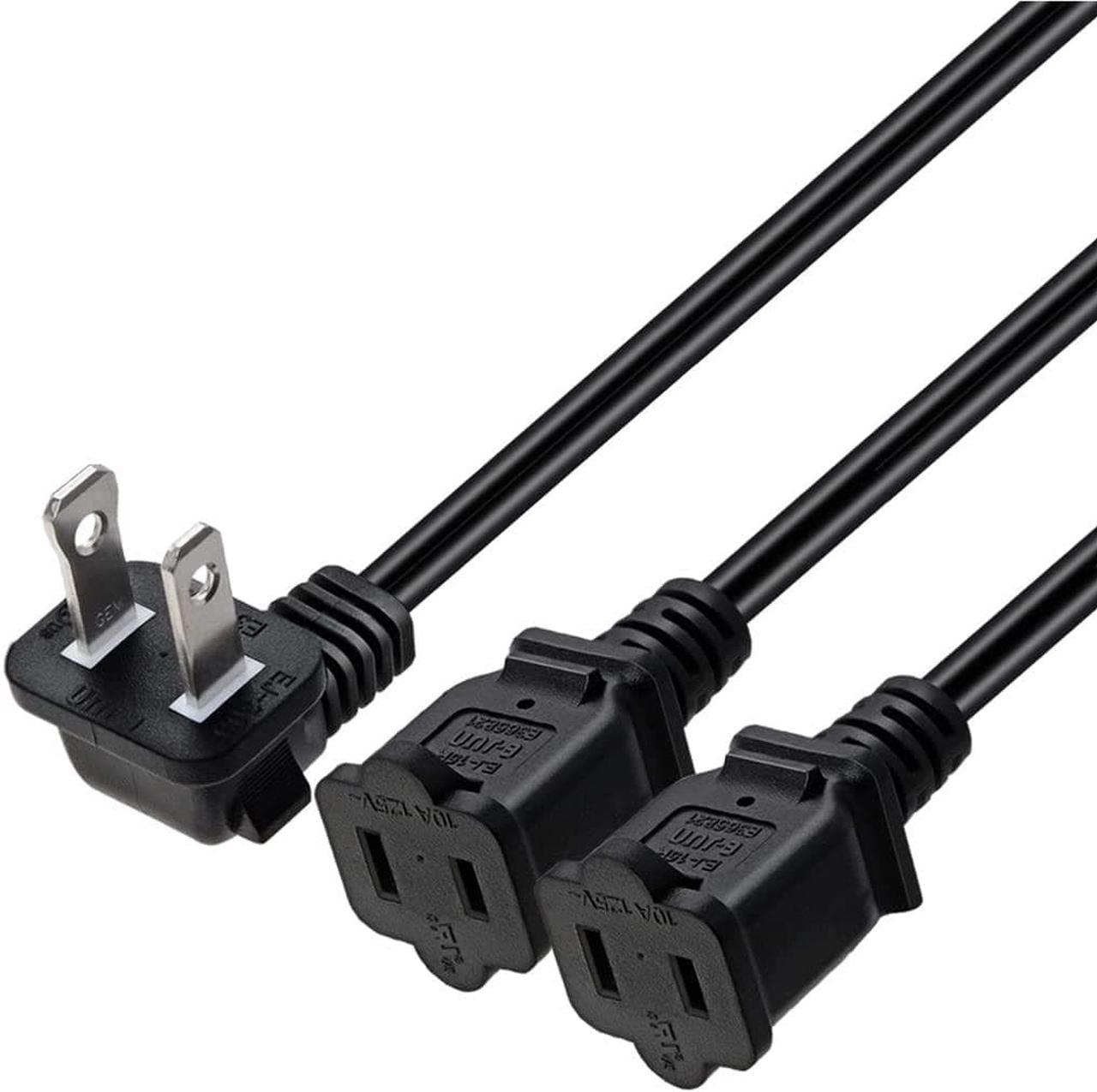 2ft(0.64m) 1-15P to Dual 1-15R Power Extension Cord Splitter US AC 2-Prong Polarized Power Cable 1 to 3 Outlet Adapter ETL Listed (90 Degree Angle)