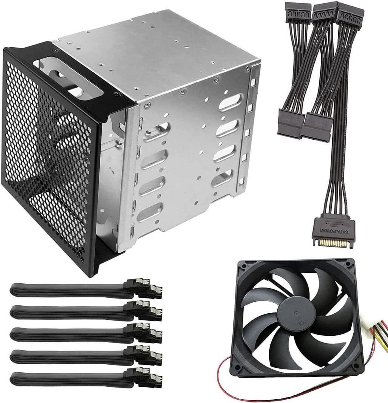 5X 3.5 HDD Hard Drive Cage Rack with Fan Space SAS SATA Hard Drive Disk Tray Caddy with 12cm Fan 15Pin/4Pin SATA Cable for Computer (with 15Pin SATA Cable)