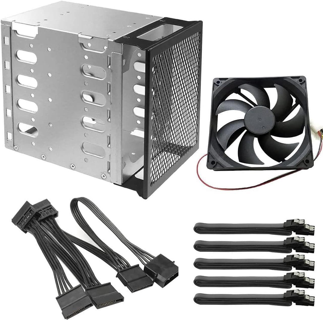 5X 3.5 HDD Hard Drive Cage Rack with Fan Space SAS SATA Hard Drive Disk Tray Caddy with 12cm Fan 15Pin/4Pin SATA Cable for Computer (with 4Pin SATA Cable)