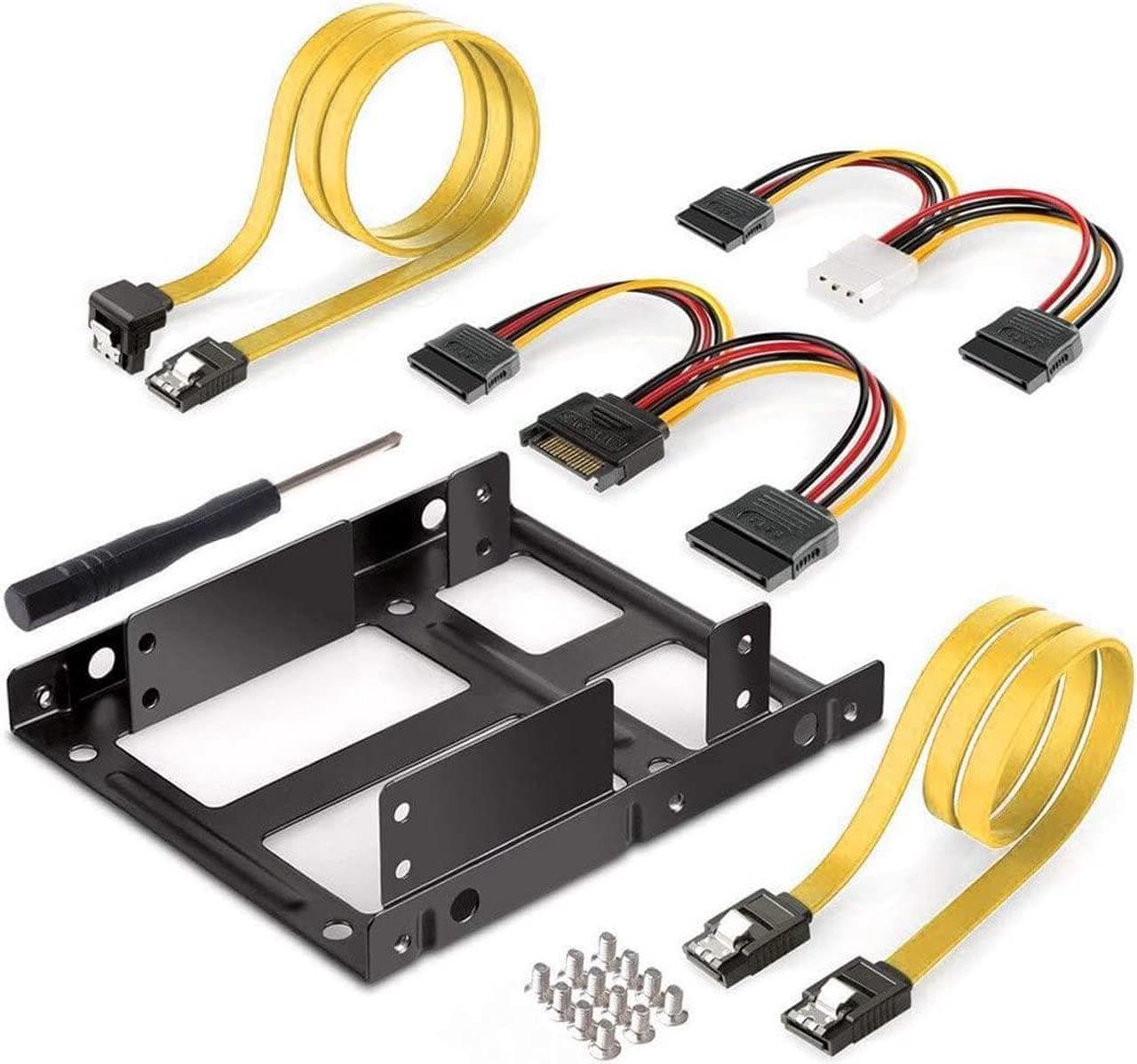 2-Bay 2.5 Inch to 3.5 Inch External HDD SSD Metal Mounting Kit Adapter Bracket with SATA Data Power Cables & Screws (w Yellow SATA Cable)