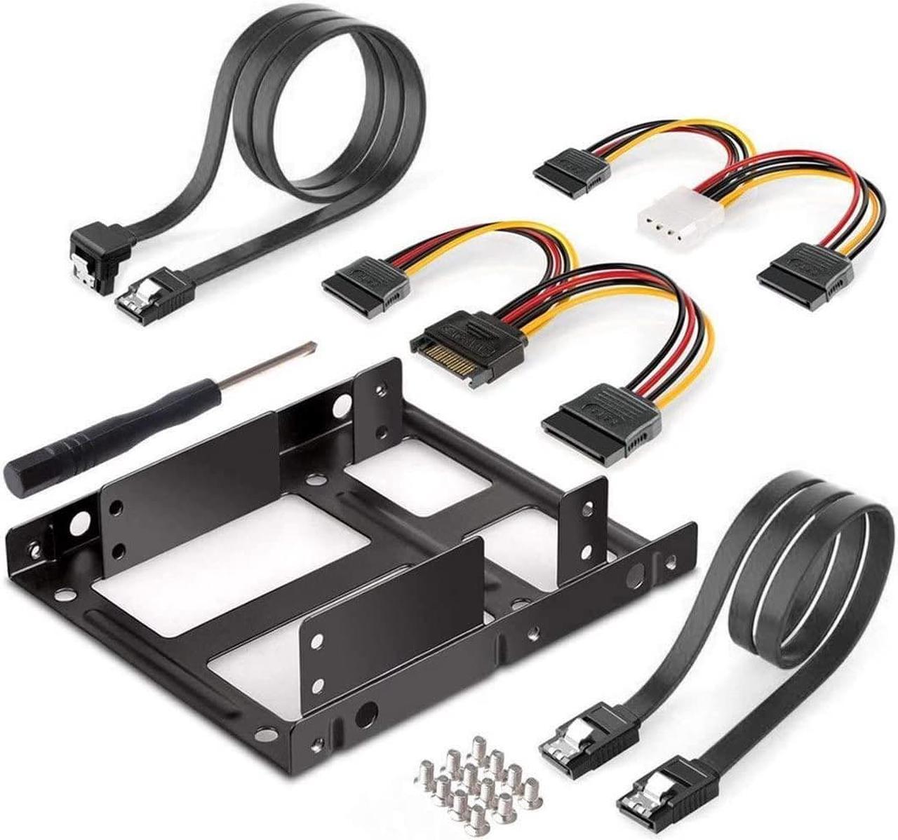 2-Bay 2.5 Inch to 3.5 Inch External HDD SSD Metal Mounting Kit Adapter Bracket with SATA Data Power Cables & Screws (w Black SATA Cable)