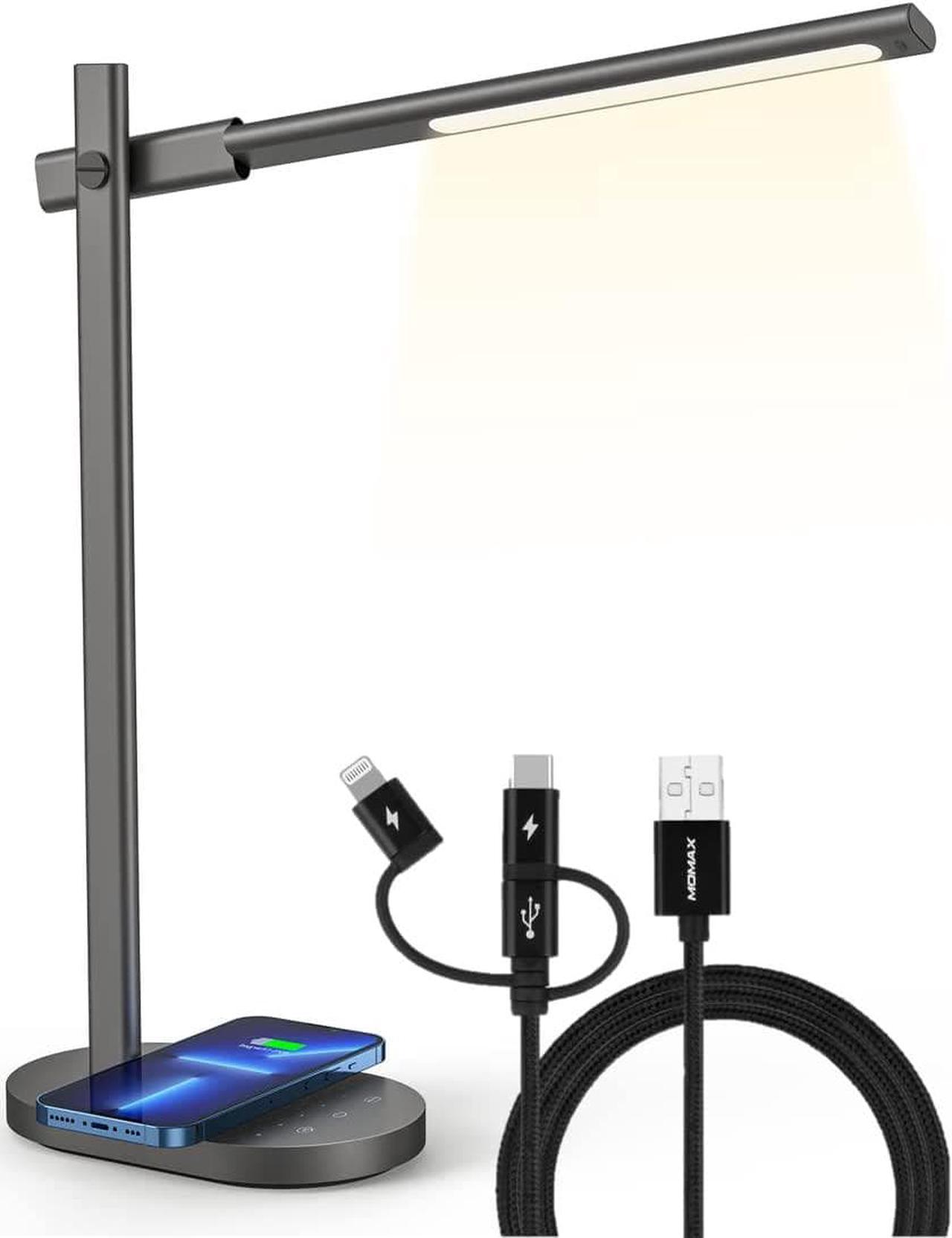 MOMAX LED Desk Lamp with 10W Wireless Charger with 3 in 1 Multiple Charger Cable, 270° Folding Metal Table Lamp, USB Charging Port, 6 Brightness Levels, Detachable, Eye-Caring Home Office Desk Lamp