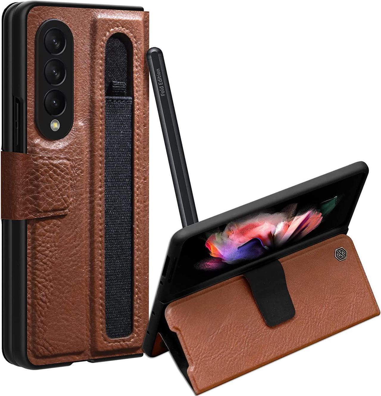 ErHu for Samsung Galaxy Z Fold 3 Case [Kickstand] [S-Pen Pocket Design] Luxury Leather Shockproof Full Protective Cover for Galaxy Z Fold 3 5G 2021 Brown