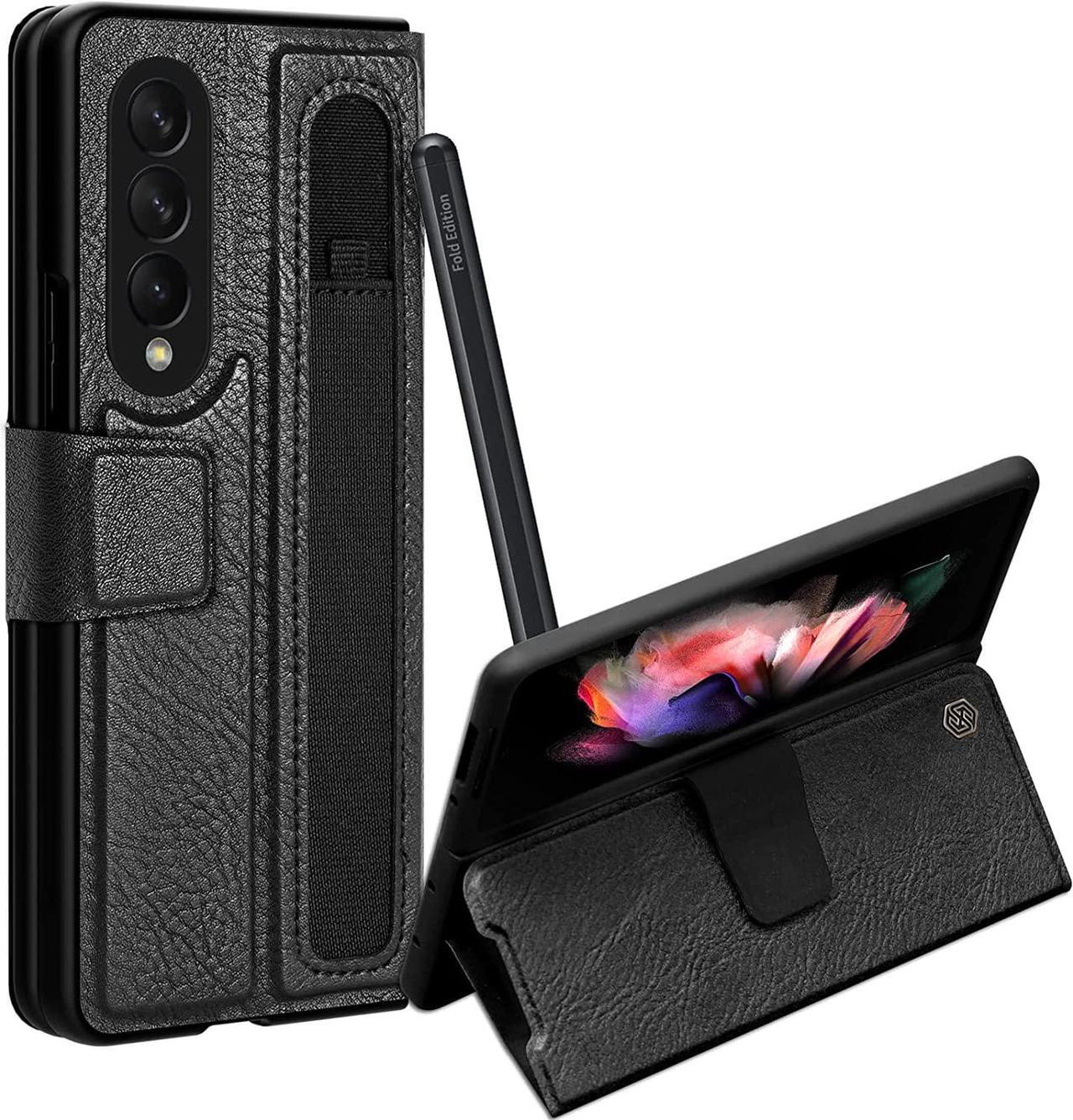 Main image of For Samsung Galaxy Z Fold 3 Case [Kickstand] [S-Pen Pocket Design] Luxury Leather Shockproof Full Protective Cover for Galaxy Z Fold 3 5G 2021 Black