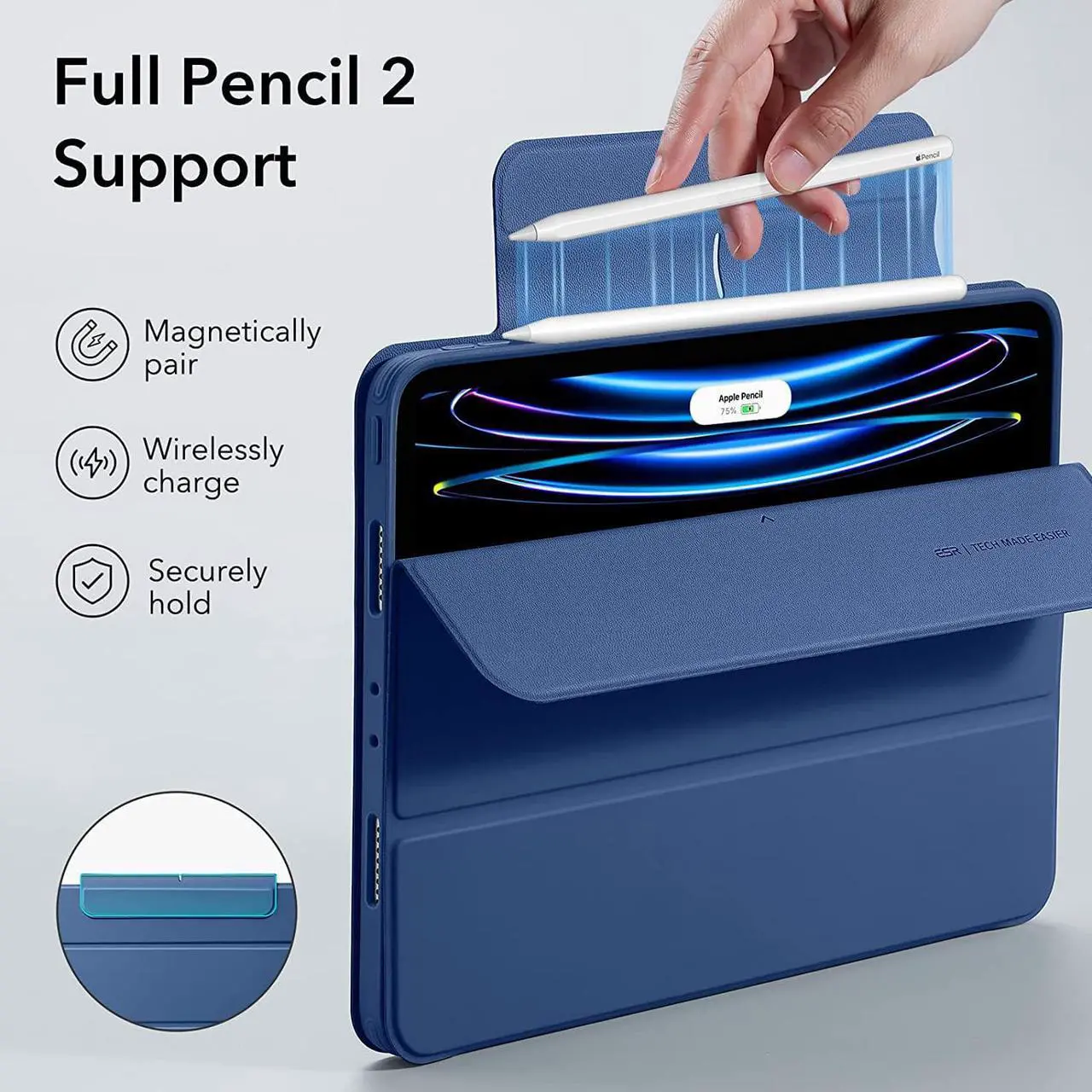 Alt view image 6 of 7 - ESR for iPad Pro 11 Inch Case (2022/2021), iPad Pro 11 Case 4th/3rd Generation with Pencil Holder, Detachable Magnetic Cover, Vertical Stand, Auto Wake/Sleep, Rebound 360 Series, Navy Blue