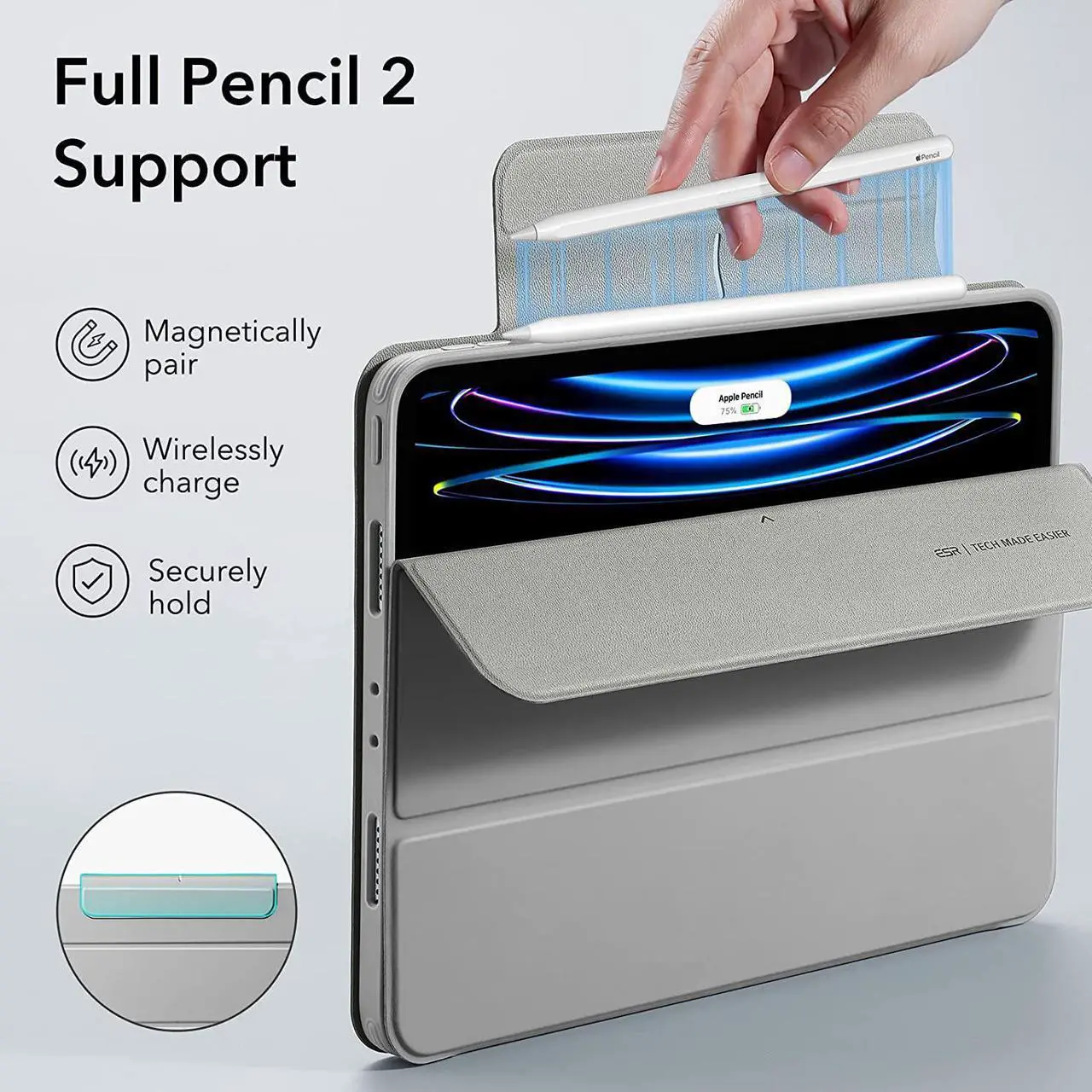 Alt view image 6 of 7 - ESR for iPad Pro 11 Inch Case (2022/2021), iPad Pro 11 Case 4th/3rd Generation with Pencil Holder, Detachable Magnetic Cover, Vertical Stand, Auto Wake/Sleep, Rebound 360 Series, Grey