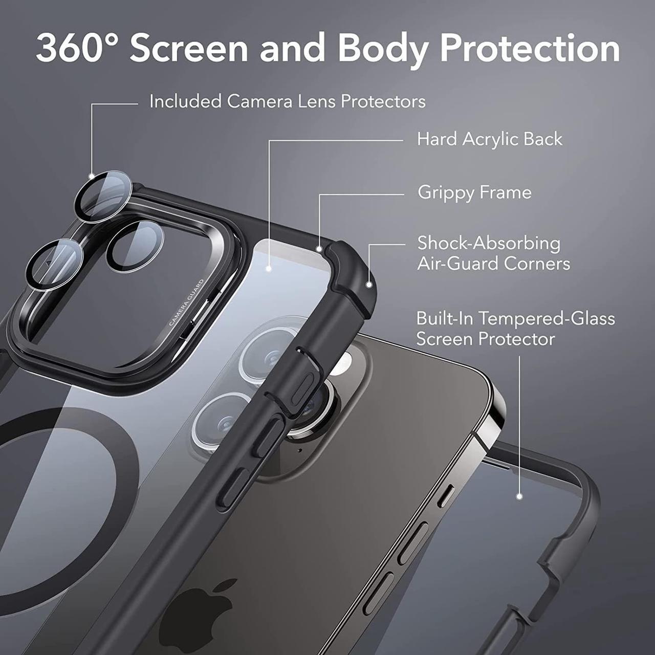 Alt view image 3 of 7 - ESR for iPhone 14 Pro Max Case with Stand, Compatible with MagSafe, Full-Body Military-Grade Drop Proof Case with Built-in 9H+ Tempered Glass Screen Protector, Armor Series, Clear Black