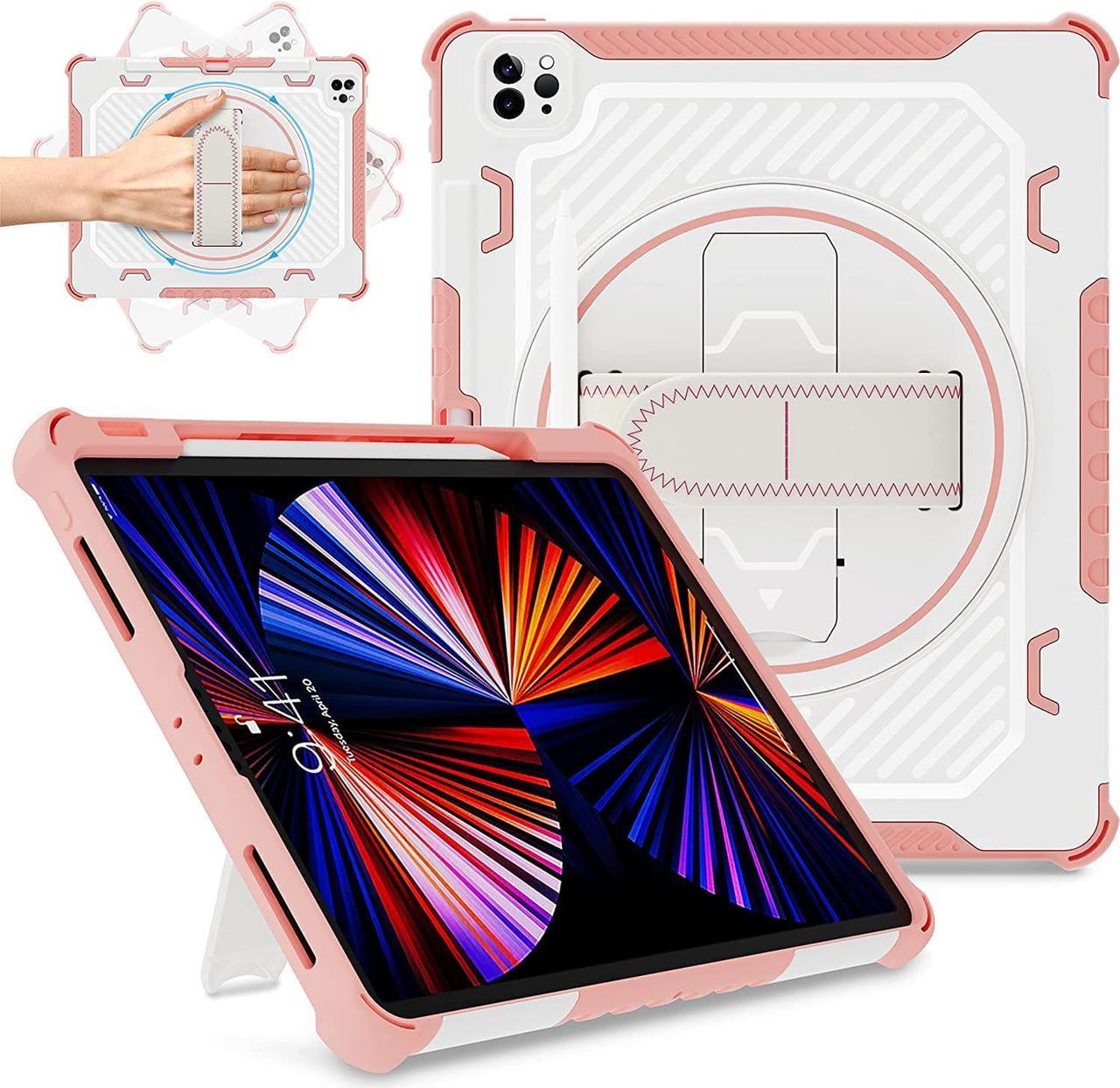 for iPad Pro 12.9 Case 6th 5th 4th 3rd Generation (2022 2021 2020 2018) for Girls Women,Dual Layer Heavy Duty Drop Protection 12.9 inch iPad Pro Case with 360 Stand Hand Strap Pencil Holder