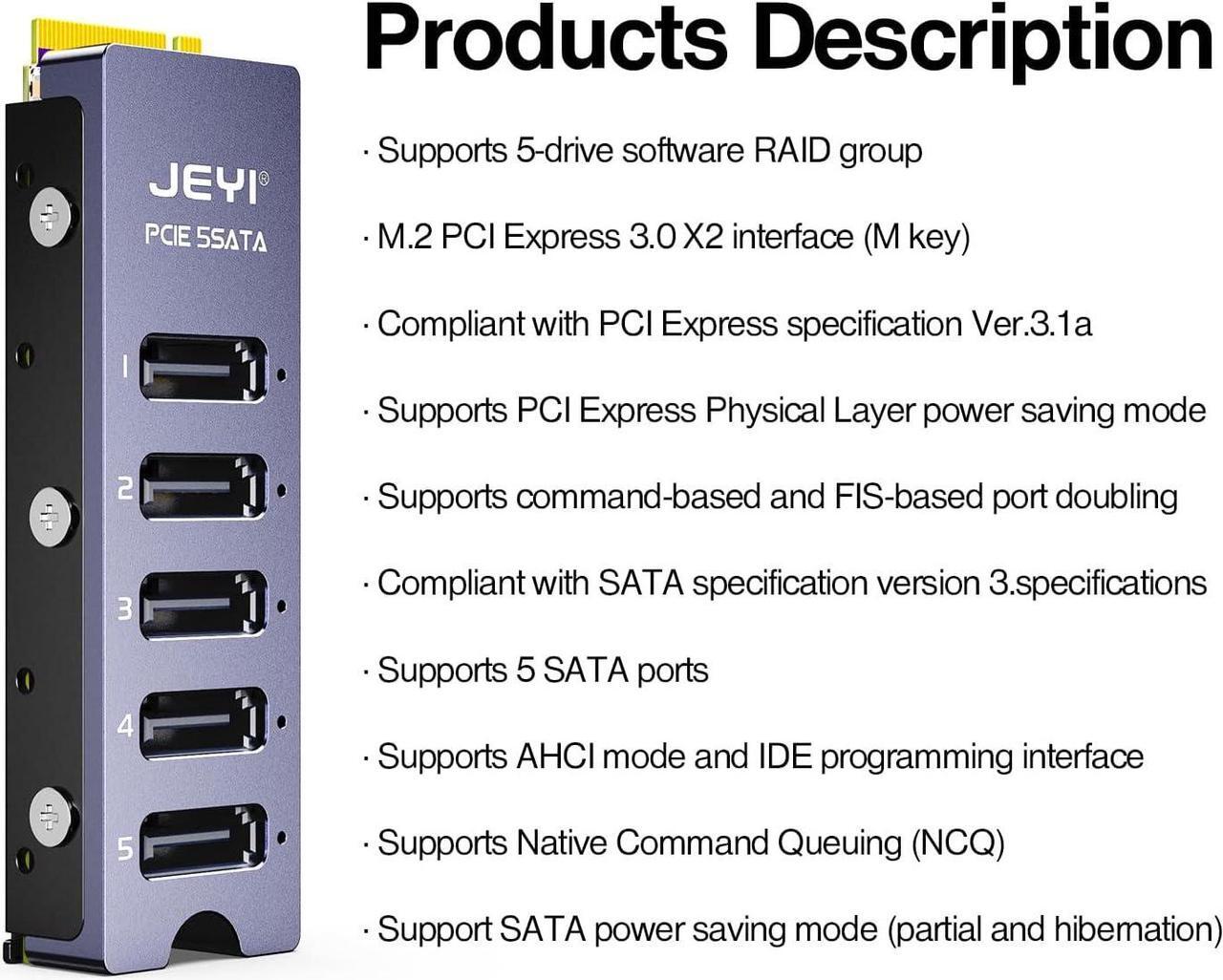 Alt view image 2 of 7 - JEYI NVMe M.2 to 5 Sata Adapter, Internal 5 Port Non-RAID SATA III 6GB/s M.2 NVMe Adapter Card for Desktop PC Support SSD and HDD