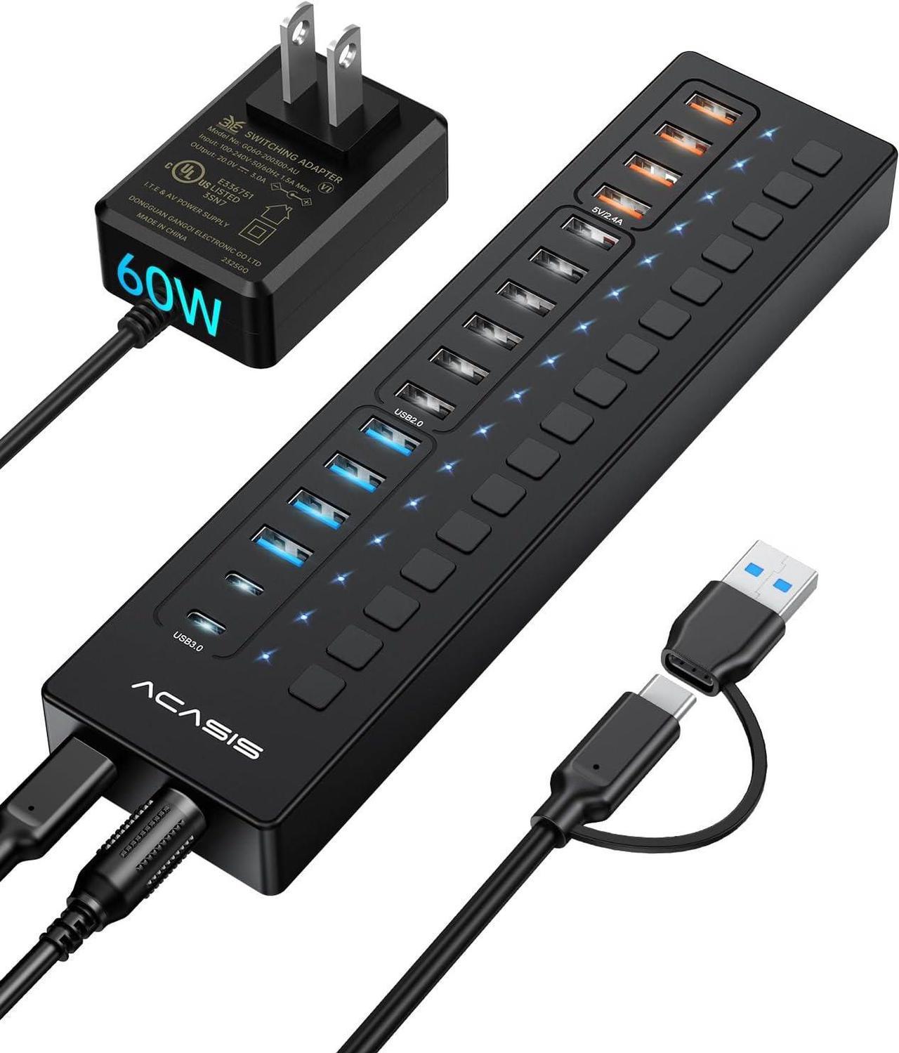 Powered USB Hub, ACASIS 16 Port 60W USB Hub 3.0 with 4*USB Smart Charging Port, 2*USB C 3.0, 4*USB A 3.0, 6*USB 2.0, Individual On/Off Switches, 12V/5A DC Power Adapter for Laptops, PC