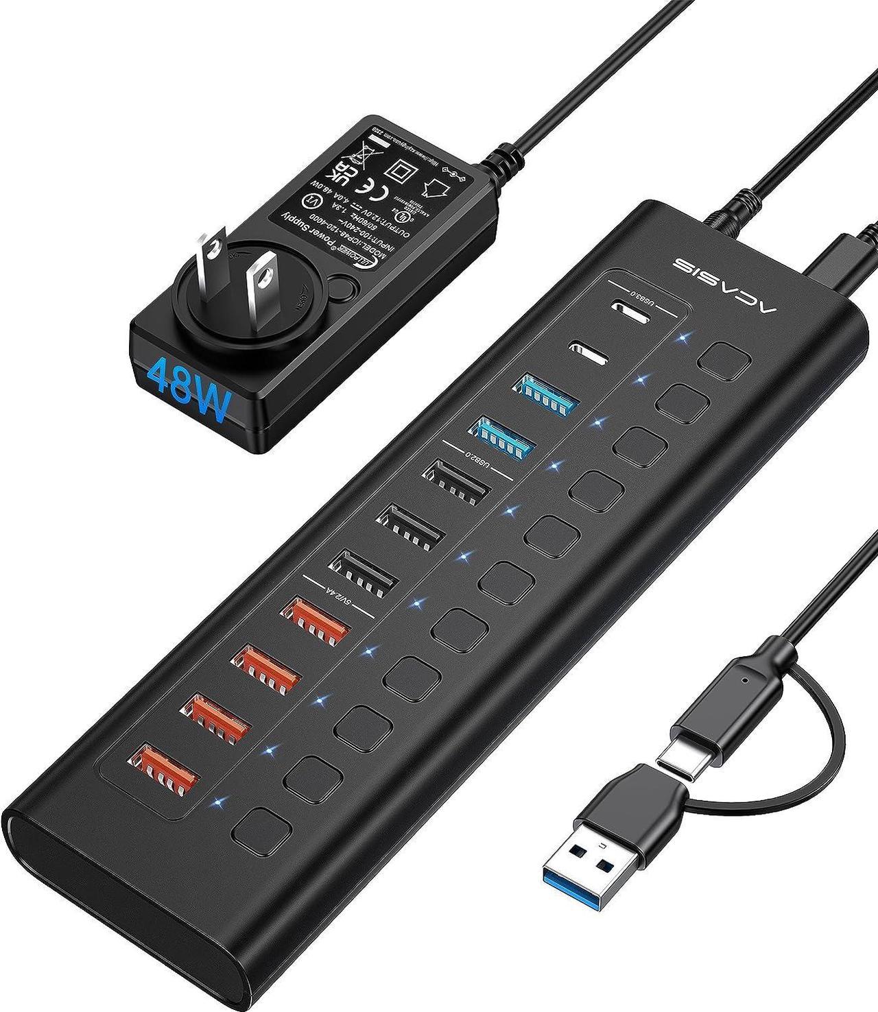 Powered USB Hub, ACASIS 11 Port 48W USB Hub 3.0 with 4*USB A Smart Charging Port, 2*USB C 3.0, 2*USB A 3.0, 3*USB A 2.0, Individual On/Off Switches, 12V/4A DC Power Adapter for Laptops, PC